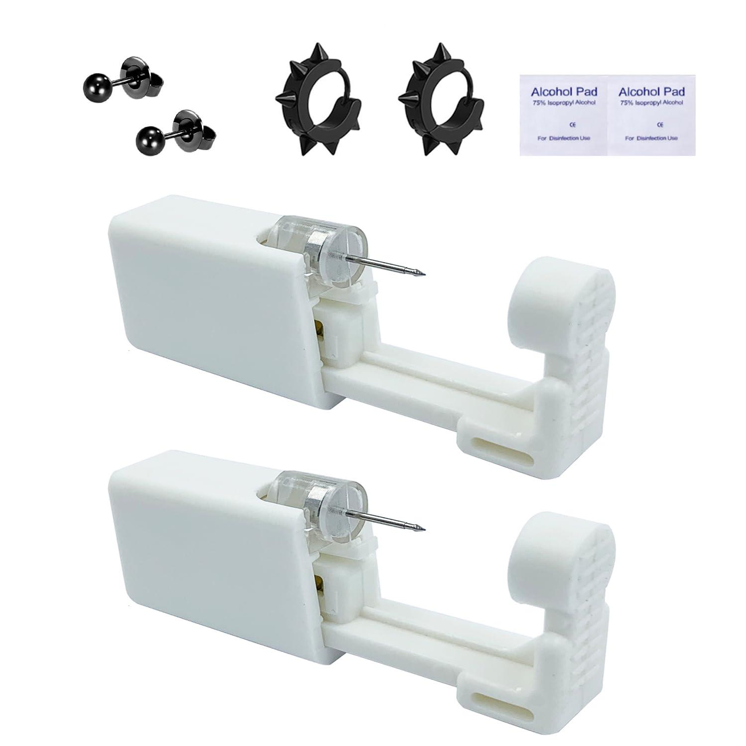 GCHSSS 2 Pack Ear Piercing Kit, 3mm Silver Ear Piercing Kit Gun, Ear Piercing Tool, Comes with a Pair of Dart Shaped Replaceable Earrings (Black)