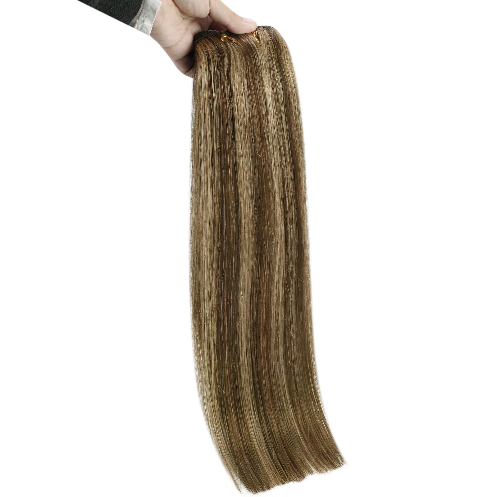 Sunny Hair Sunny Weft Hair Extensions Human Hair Brown Highlights Sew in Hair Extensions Real Human Hair Dark Brown with Caramel Blonde Weft Hair Extensions Thick End 14inch 70g