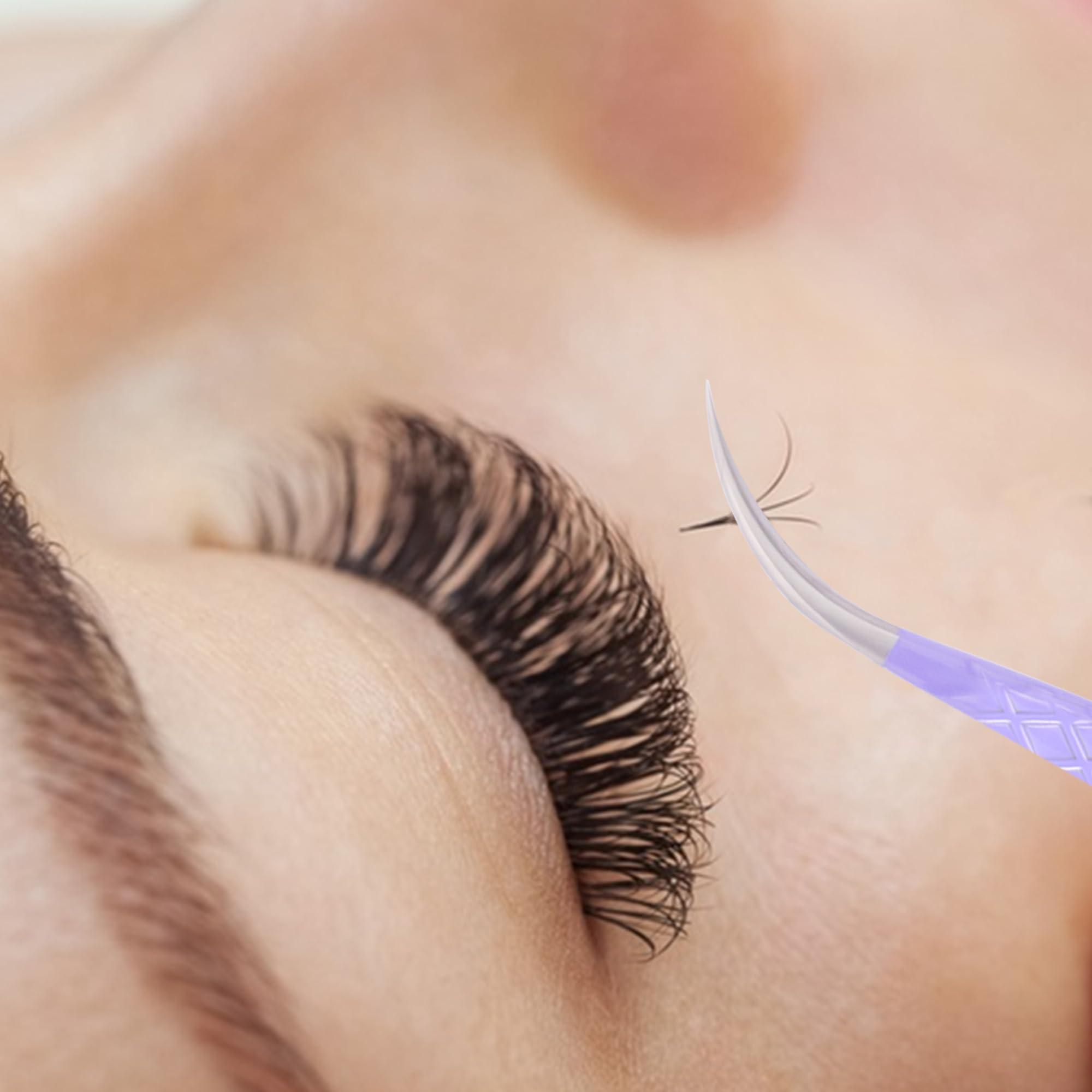 CL CAMILLASH Fiber Tip Lash Tweezers For Eyelash Extension Tweezers Professional Artist Tech Work Kit Tools,Best Volume Eyelash Lashes Extensions Purple Tweezers Precision Supplies(Curved)