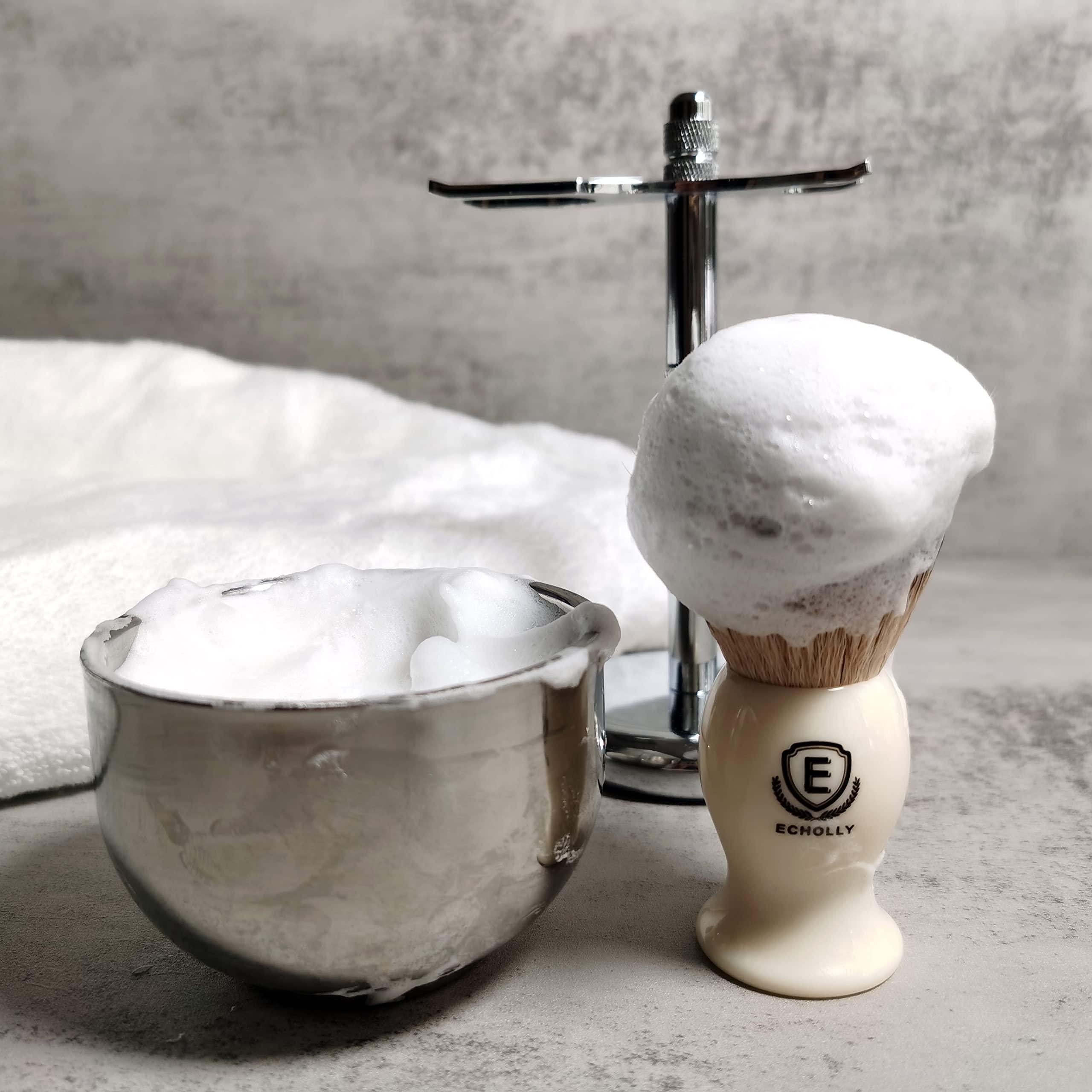 ECHOLLY 3 in1 Premium Shaving Brush Kit for Men Includes Vegan Badger Synthetic Hair Shaving Brush,Stainless Steel Shaving Soap Bowl,Heavy Safety Stand for Mens Gift (Ivory White)