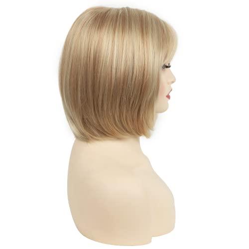 RENERSHOW RENERSHOW Short Blonde Pixie Bob Wig with Bangs Mixed Blonde Wigs for White Women Straight Hair Synthetic Wigs for Daily Party