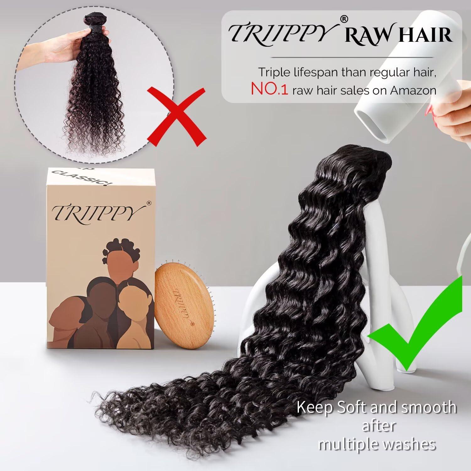 Triippy TRIIPPY Raw Human Hair Bundles,Triple Lifespan Than Regular Virgin Hair No.1 Sales Of Raw Hair Bundles,26 28 30 Inches Cambodia Raw Deep Wave 3 Bundles, Keep Soft and Smooth After Multiple Washes