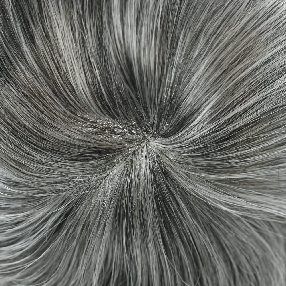 Generic Hair System For Men Toupee European Human Hair Pieces 0.1MM Poly Skin Toupee For Men Hair Replacement Systems Injection PU Hair Units Scallop Front Men8X10-110% density1B# Off Black+60% Grey