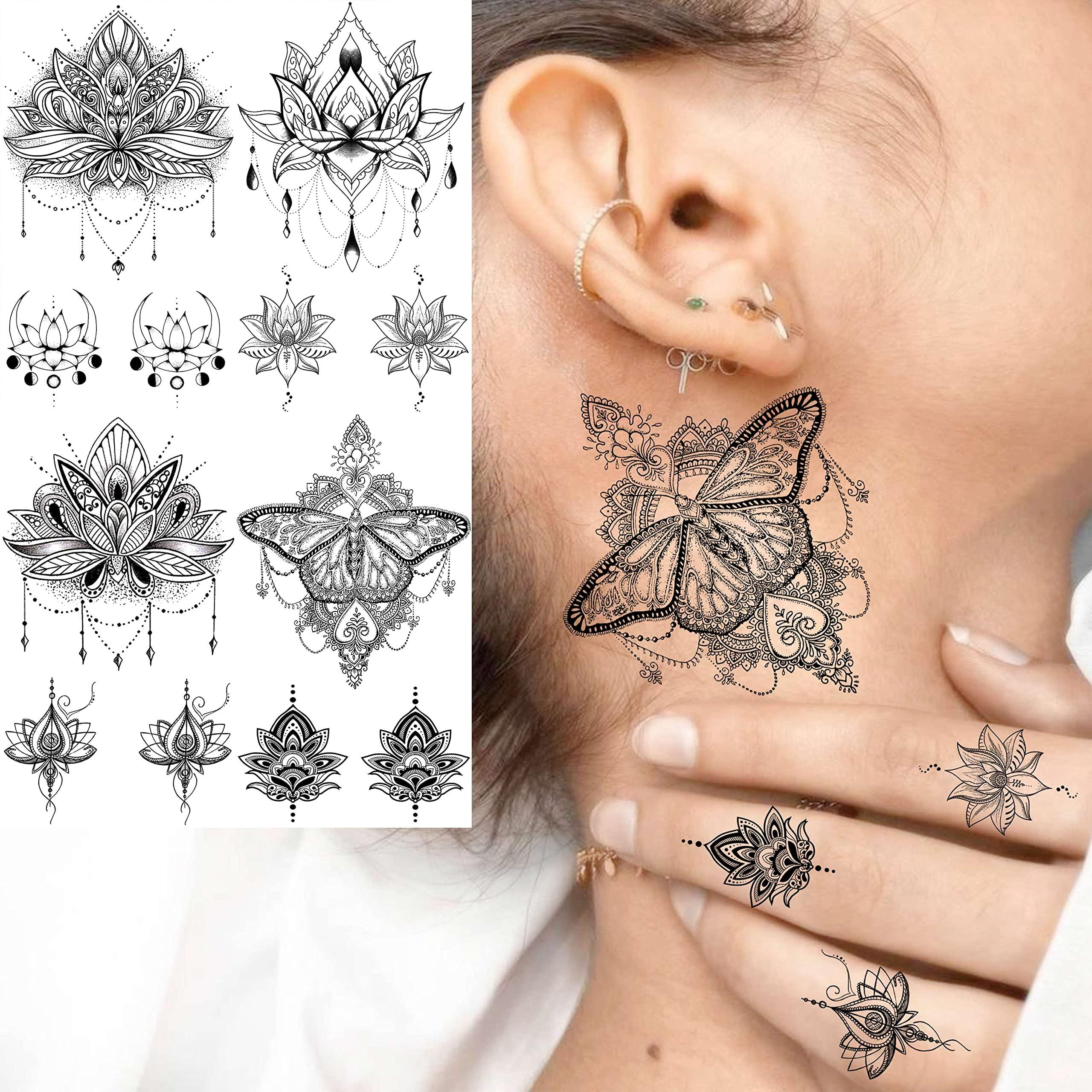 EGMBGM EGMBGM 15 Sheets Sexy Black Lotus Temporary Tattoos For Women Wedding Brides, Tribal Fake Jewelry Pendant Lace Moon Moth Flowers Temp Tattoos Temporary Sticker For Girls Arm Neck Hands Tatoos Jewels