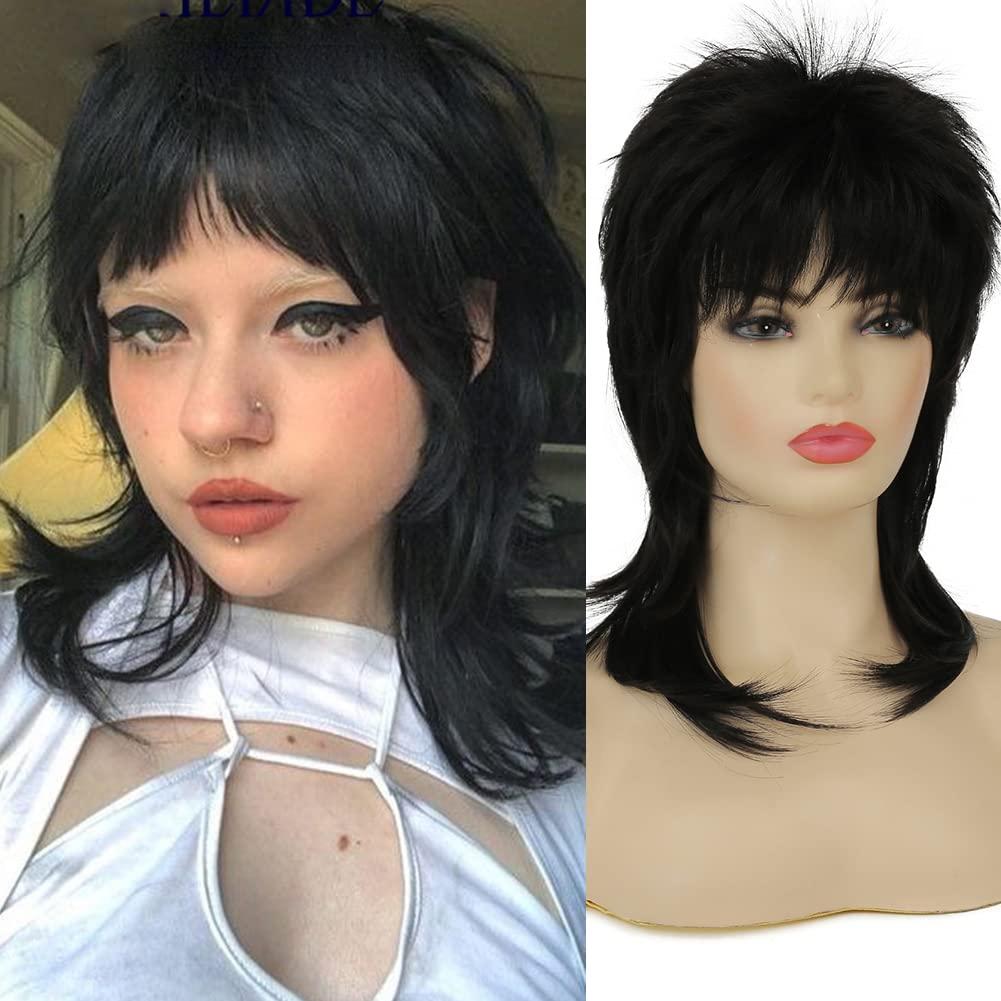 Amnenl Amnenl Mullet Wig for Women Black Wig Shoulder Length Shaggy Layered Wig Curly 80s Wig Heat Resistant Cosplay Daily Hair Wigs (Black)