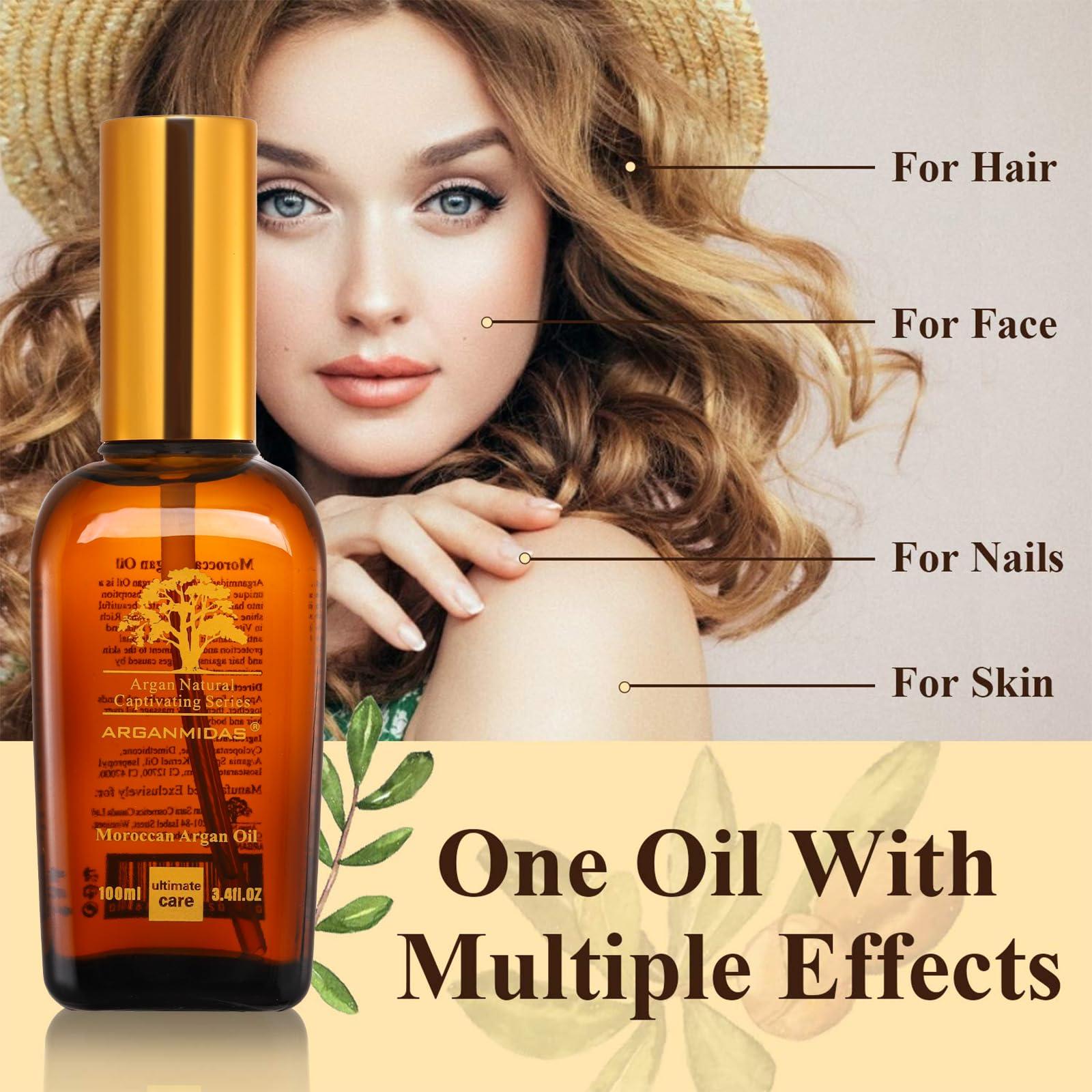 ARGANMIDAS ARGANMIDAS Hair Oils, Moroccan Argan Oil for Hair and Face Skin Moisturizer, Leave Hair Soft & Shiny, Hair Treatment oil for Men Women Dry Damaged Frizzy Hair, 3.4 Fl Oz