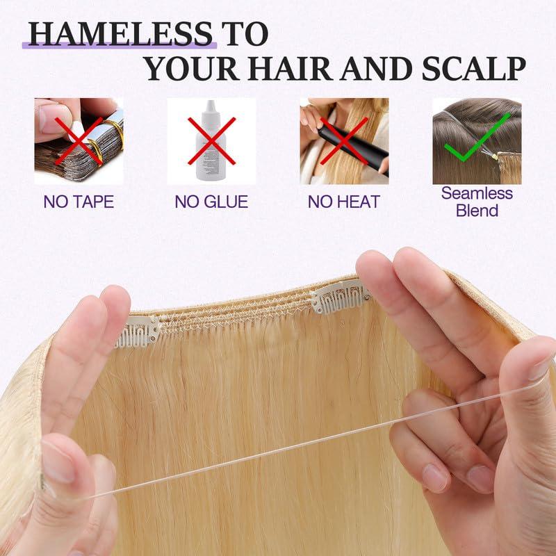 prokyvity Halo Hair Extensions Real Human Hair,Prokyvity Halo Hair Extension 100% Human Hair,Halo Extensions Real Human Hair,Human Hair Halo Extensions,Halo Hair Extension,60 Platinum Blonde 18inch