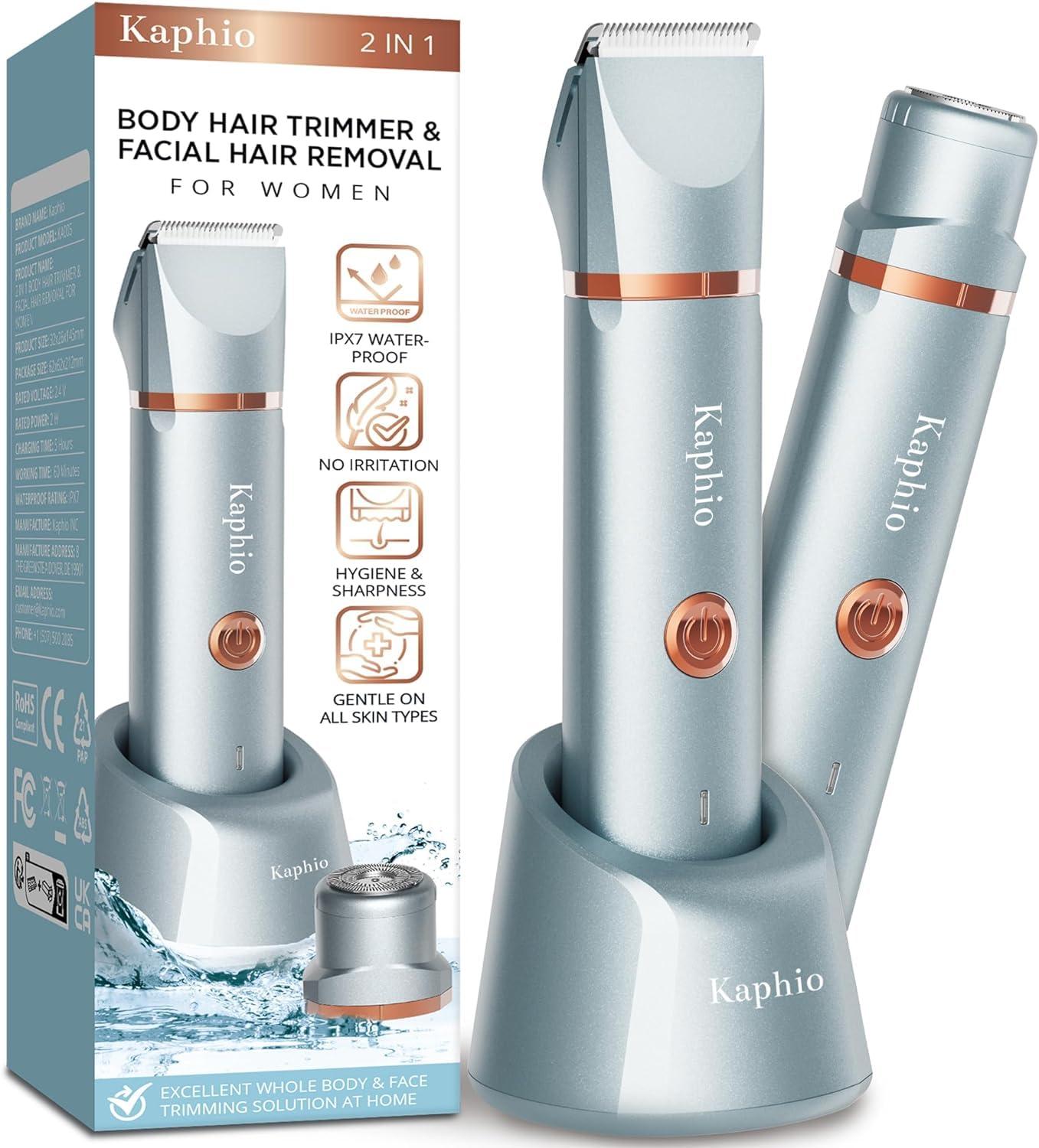 Kaphio Kaphio Electric Bikini Trimer Shaver Women: 2 in 1 IPX7 Waterproof Wet & Dry Use Body Hair Trimmer and Facial Hair Remover - Rechargeable Hair Removal Kit for Bikini Underarm Leg Arm Body Face