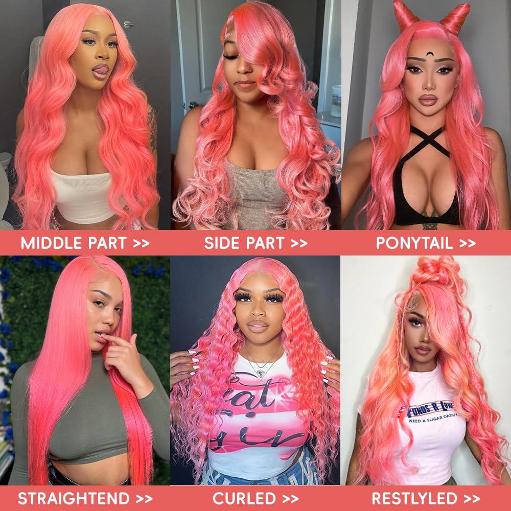 Boumon Pink Lace Front Wigs Human Hair Pre Plucked 200% Density Body Wave Pink Wig Human Hair 13x4 HD Lace Frontal Wig Pink Colored Human Hair Wig Glueless Wigs Human Hair 30 Inch