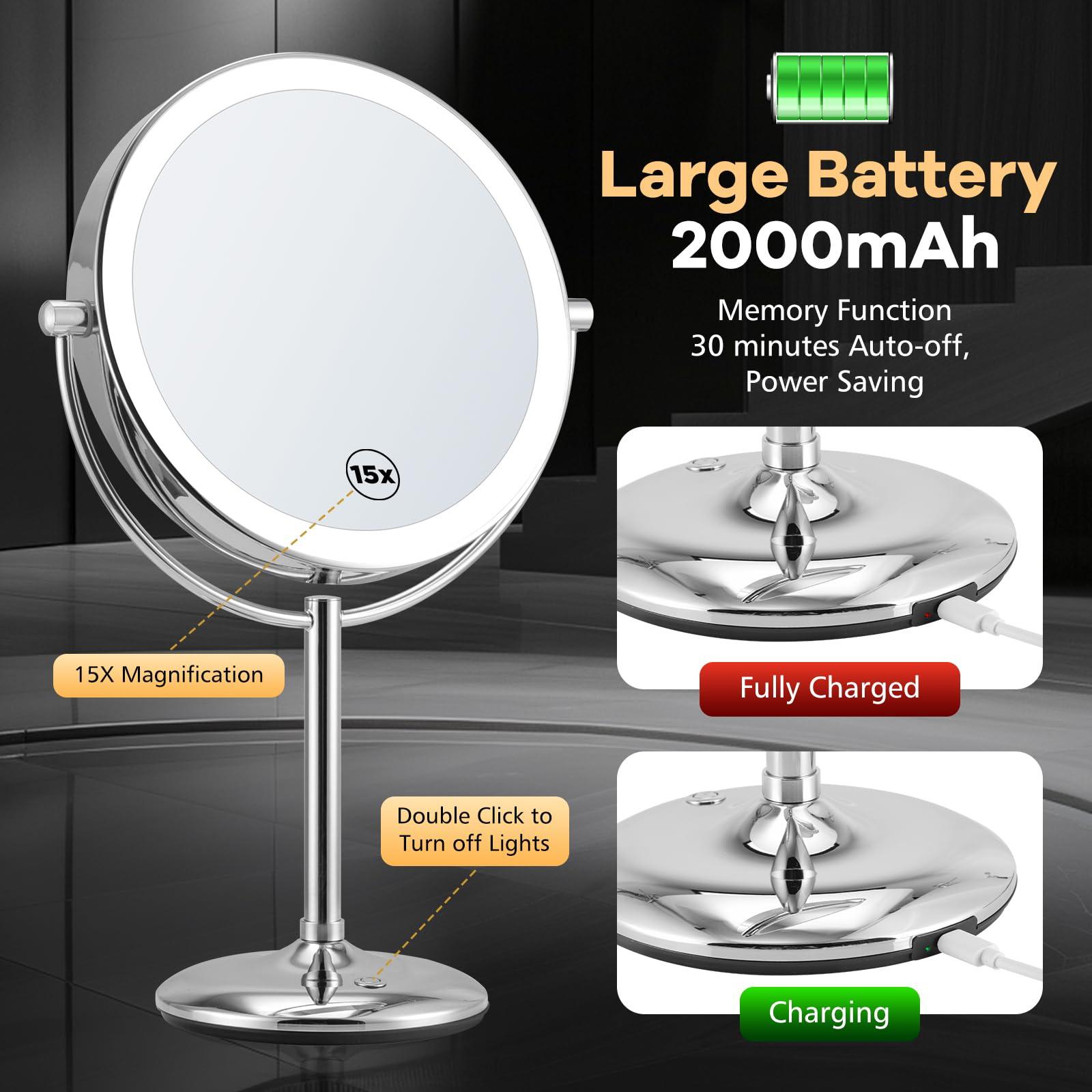 M MIVONDA 15x Magnifying Mirror with Light, Lighted Magnifying Vanity Mirror, 1 Button Contral 3 Color & Brightness Adjustable, 360Rotation Double Side Magnifying Mirror, Gift for Men & Women-Chrome LED