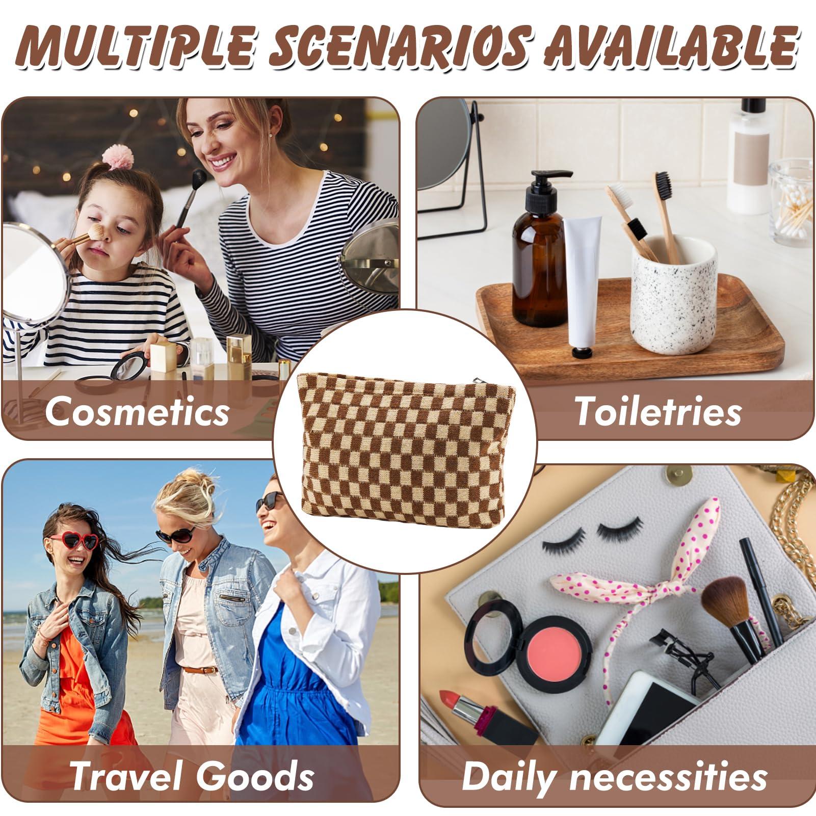 ZLFSRQ Checkered Makeup Bag for Women Large Brown Travel Cosmetic Bag Makeup Pouch for Purse Zipper Toiletry Organizer Kwaii Washable Cute Y2K Aesthetic Trendy Adults Makeup Brushes Storage Bag