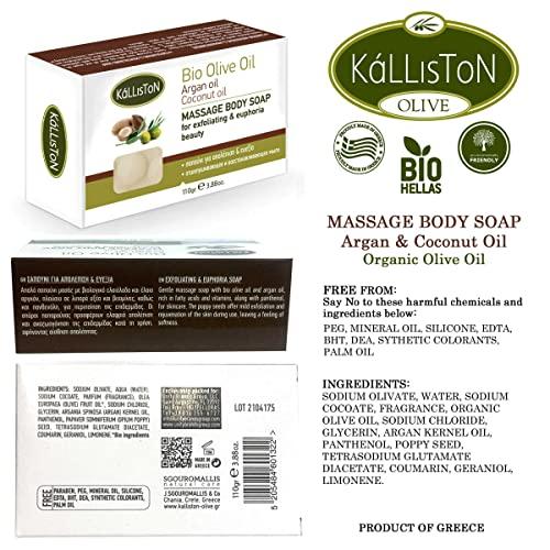 Kalliston Kalliston, ?assage Body Soap with Argan Oil, Massage & Exfoliating Natural Soap, Crafted in Crete, Greece, Cruelty Free, 110g Each Bar, Pack of 4