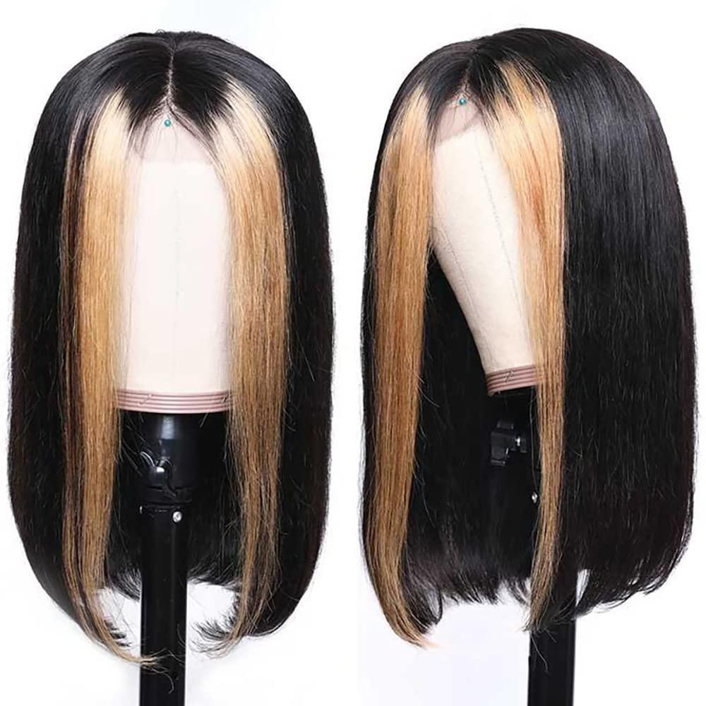 Wiggins Wiggins Skunk Stripe Wig Bob Wig Human Hair Honey Blonde Highlight Lace Front Wigs for Black Women Human Hair Short Straight Bob Wig Skunk Stripe Lace Front Wig Human Hair Hair 12 Inch