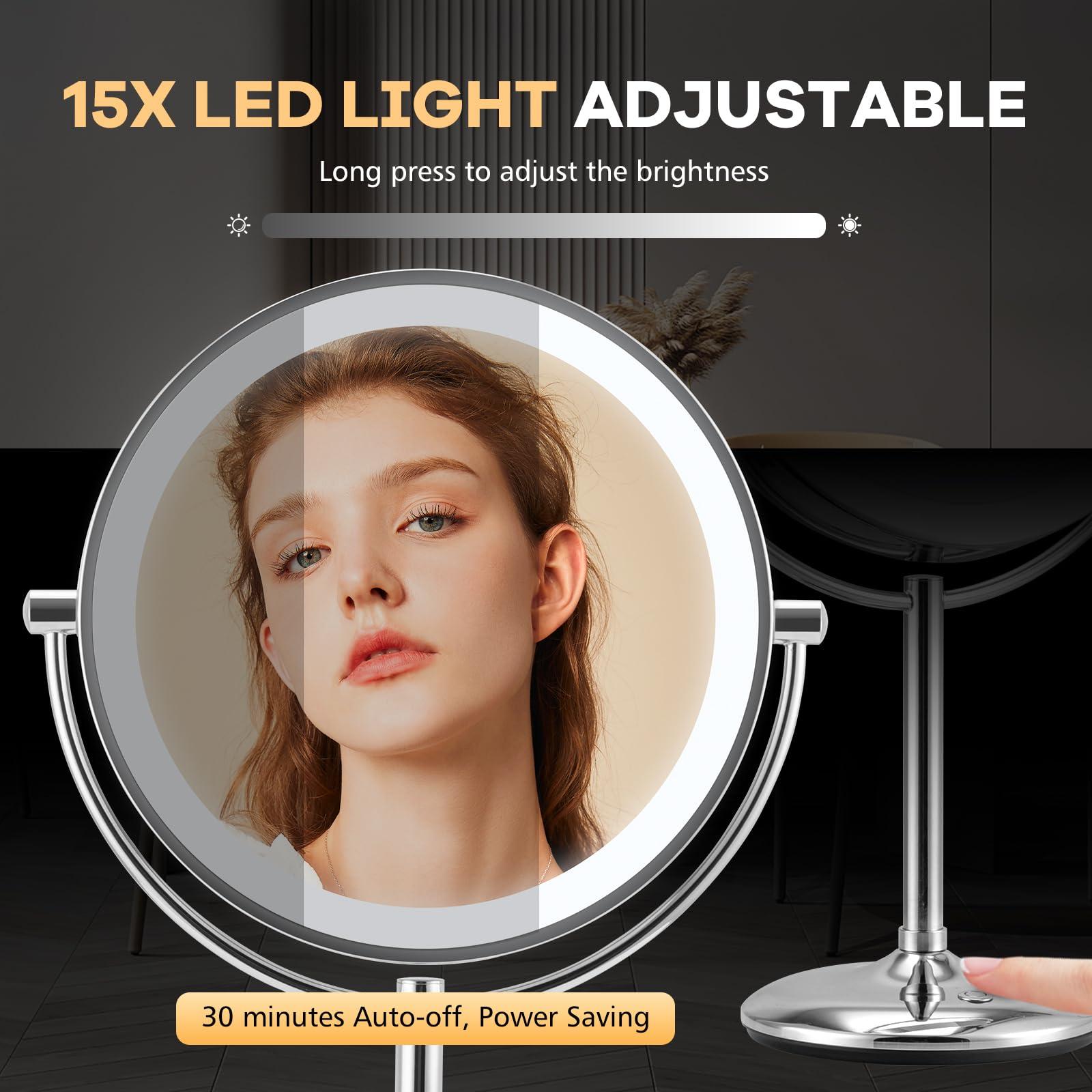 M MIVONDA 15x Magnifying Mirror with Light, Lighted Magnifying Vanity Mirror, 1 Button Contral 3 Color & Brightness Adjustable, 360Rotation Double Side Magnifying Mirror, Gift for Men & Women-Chrome LED