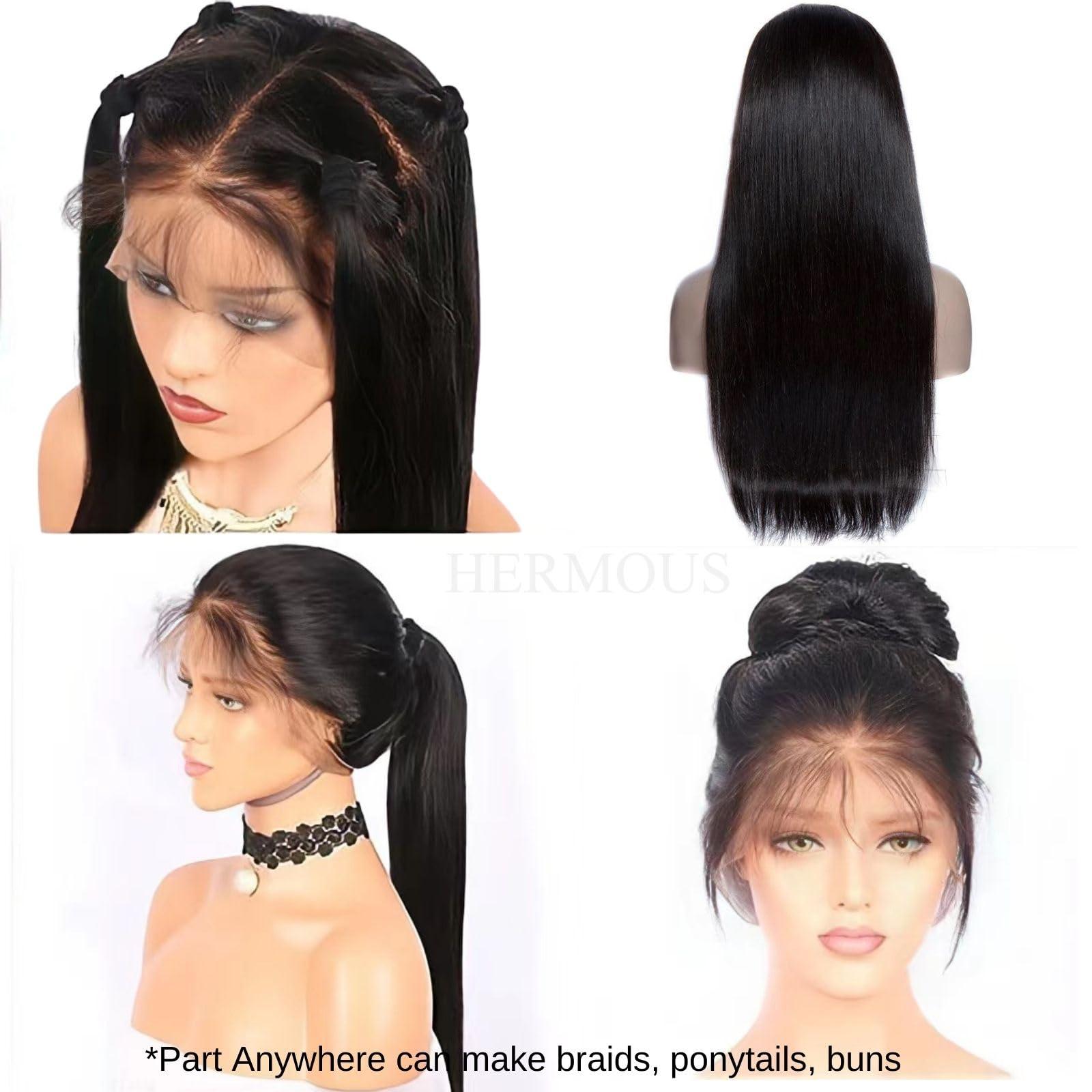 HERMOUS HERMOUS Full Lace Human Hair Wigs HD Transparent Lace Pre Plucked Handmade Whole Head Part Anywhere Lace Wig 180% Density Straight 12A Brazilian Virgin Remy Hair 12 Inch Natural Black
