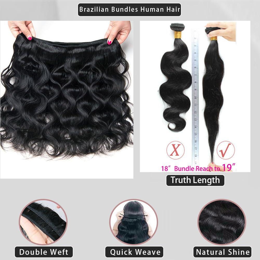 FULLYOUG 12A Body Wave Bundles Human hair 18 20 22 Inch Human Hair Bundles 3 Bundels Human Hair 100% Brazilian Bundles Human Hair Natural Black Quick Weave Bundels Human Hair Real Hair Extensions for Women