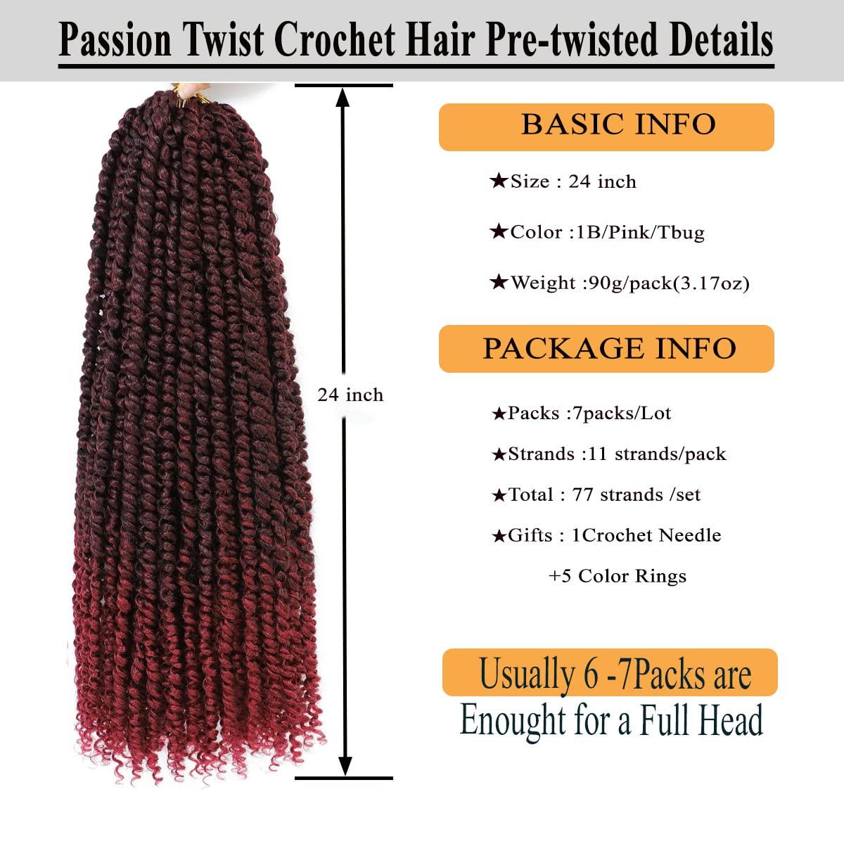 Flagship Passion Twist Hair 24 Inch 7Packs Red Ombre Burgundy Long Pre-twisted Passion Twist Crochet Hair Pre-looped Crochet Hair for Black Women (7Packs,Tbug)