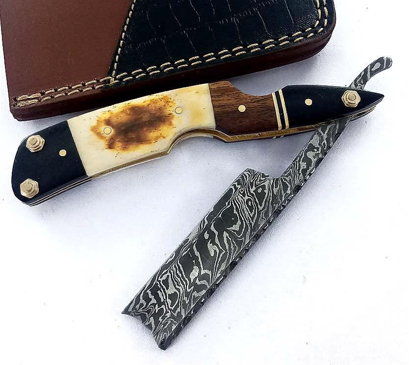 Dessi Damascus Steel Straight edge Razor Barber Salon Shaving wet shave real leather sheath for men SM151