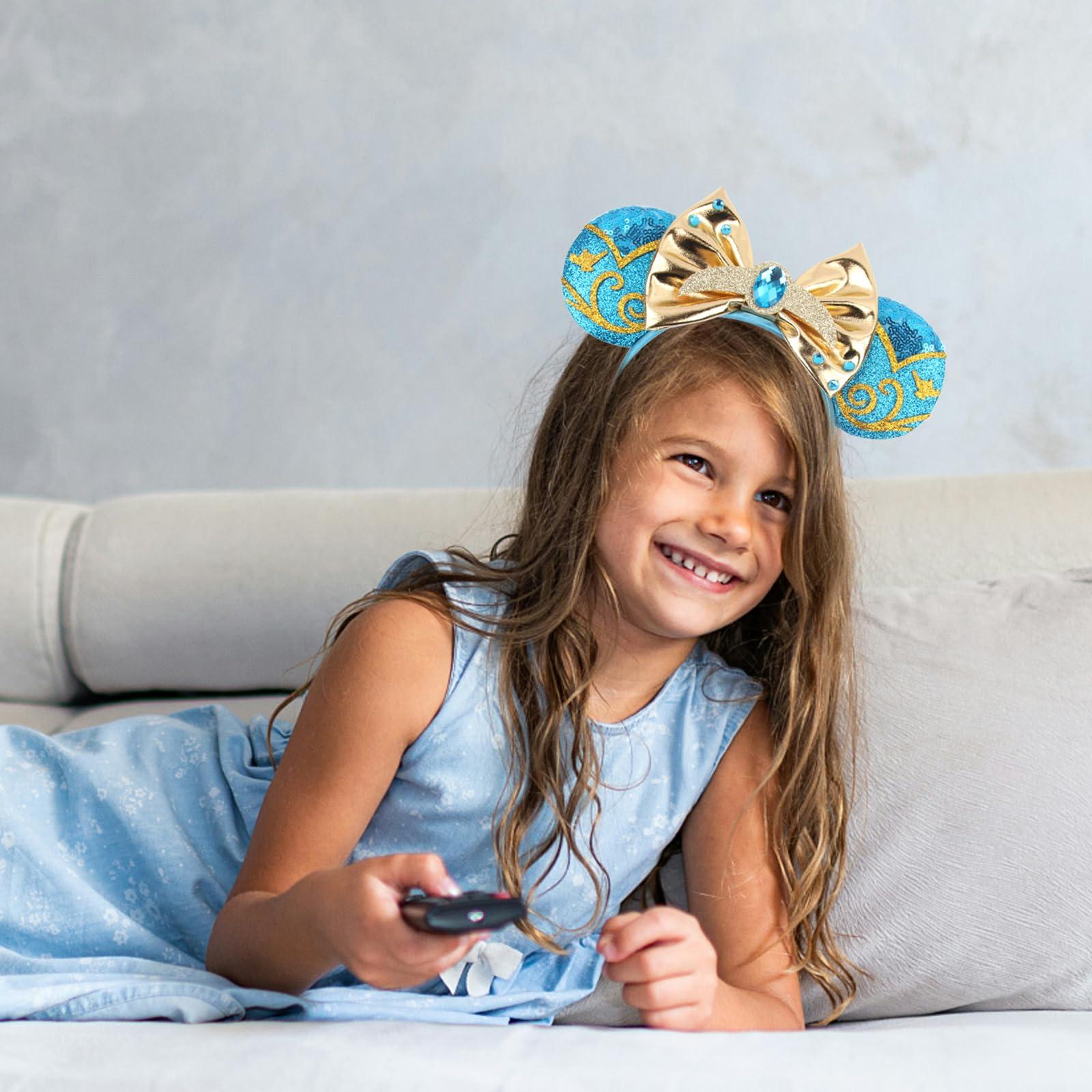 Huavista Huavista Mouse Ears for Women, Sequin Headband with Shiny Bow, Hair Accessories for Women Adult Princess Birthday Party (Gold/Blue)