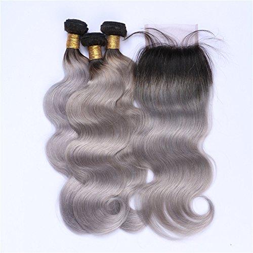 Tony beauty hair Tony Beauty Hair Silver Grey Ombre Brazilian Human Hair Wefts With Closure Body Wave Dark Roots 1B/Grey Ombre 4x4 Lace Closure With 3 Bundles 4Pcs Lot (24 24 24 with 20)