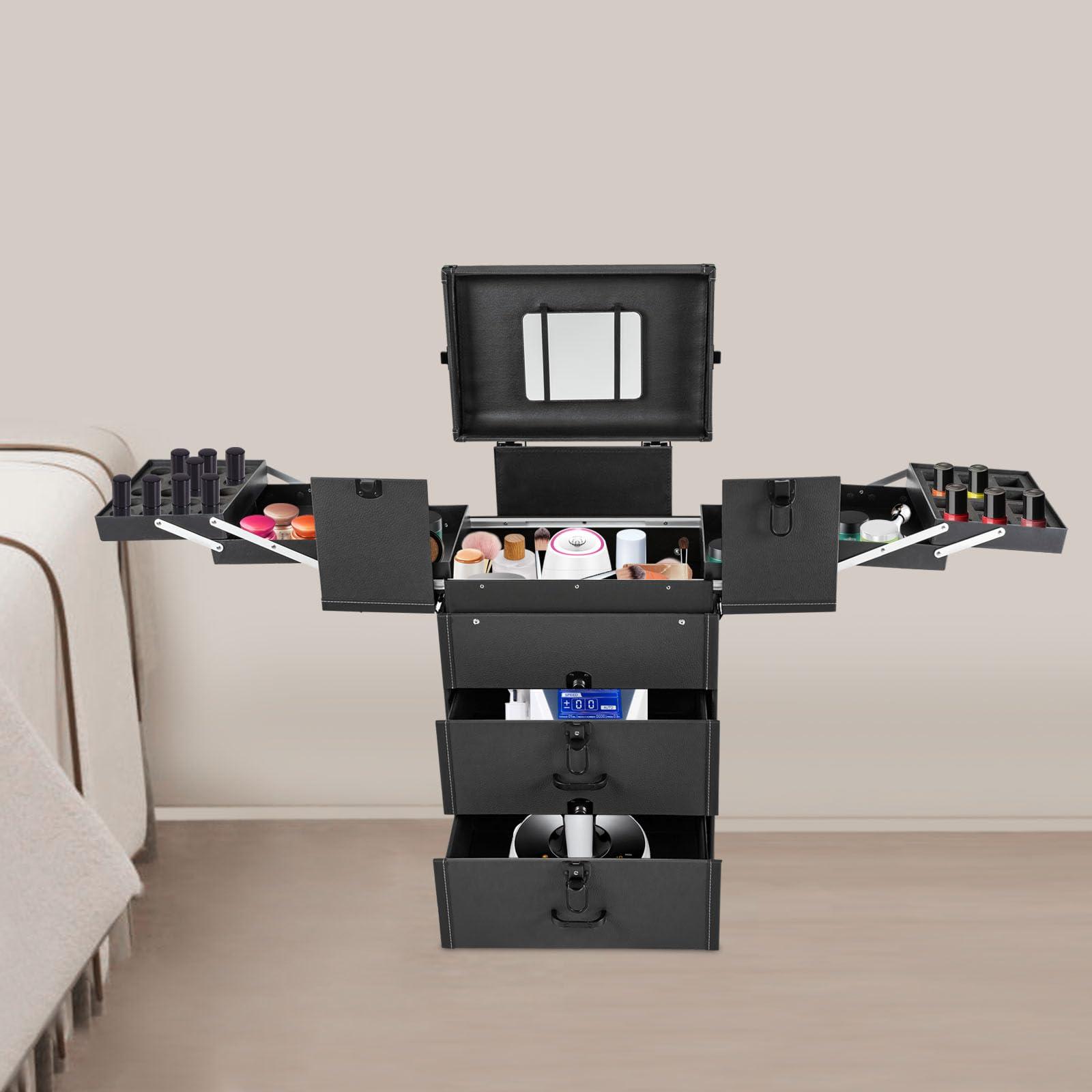 HYYKJ-US HYYKJ-US Professional Makeup Train Case Rolling Salon Travel Case with Keys Cosmetic Luggage Travel Organizer Tool Box Makeup Trolley for Makeup Artist Hairdresser Beautician (Black)