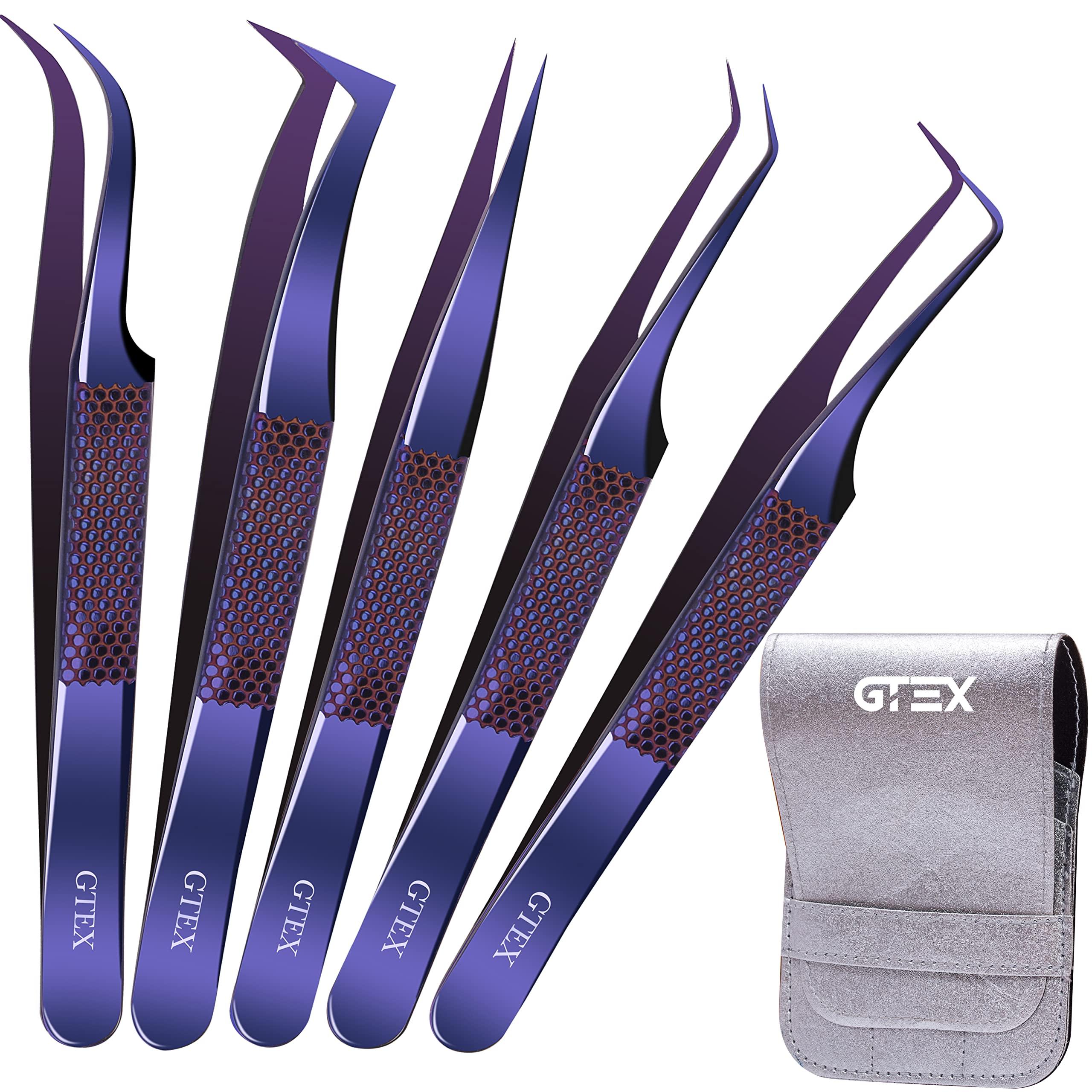 GTEX GTEX Lash Tweezers For Eyelash Extensions Tweezers, Circle Grip - Japanese Steel - Professional Eyelash Tweezers For Extensions, 5 Pack - Purple