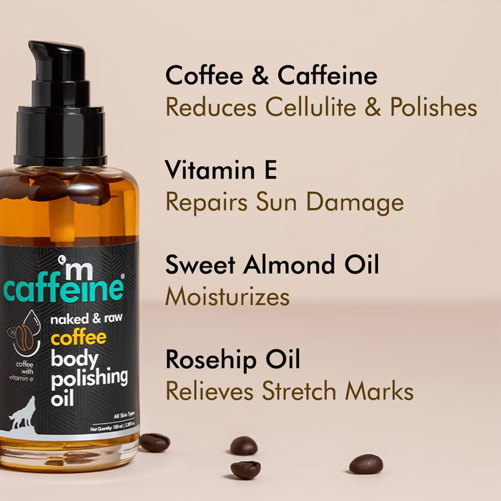 mCaffeine mCaffeine Coffee Body Polishing Oil (100ml) for Reducing Stretch Marks and Cellulite | With Olive Oil and Vitamin E for a Soft and Moisturized Skin | Natural and Vegan Oil for Daily-Use