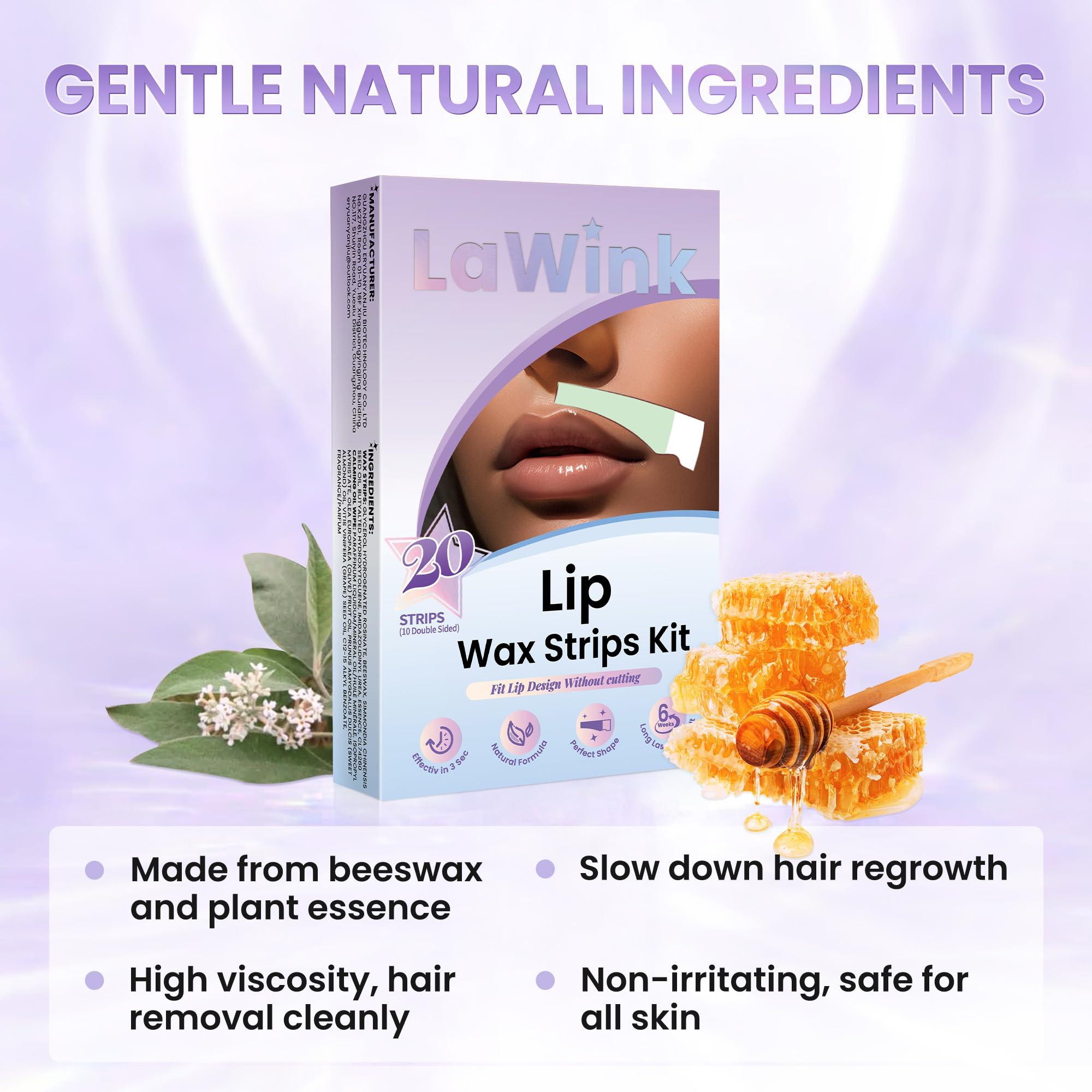 LaWink LaWink Lip Wax Strips Kit Cold Wax Strips Facial Hair Removal 20 Strips 4 Calming Oil Wipes for Sensitive Skin Types Women