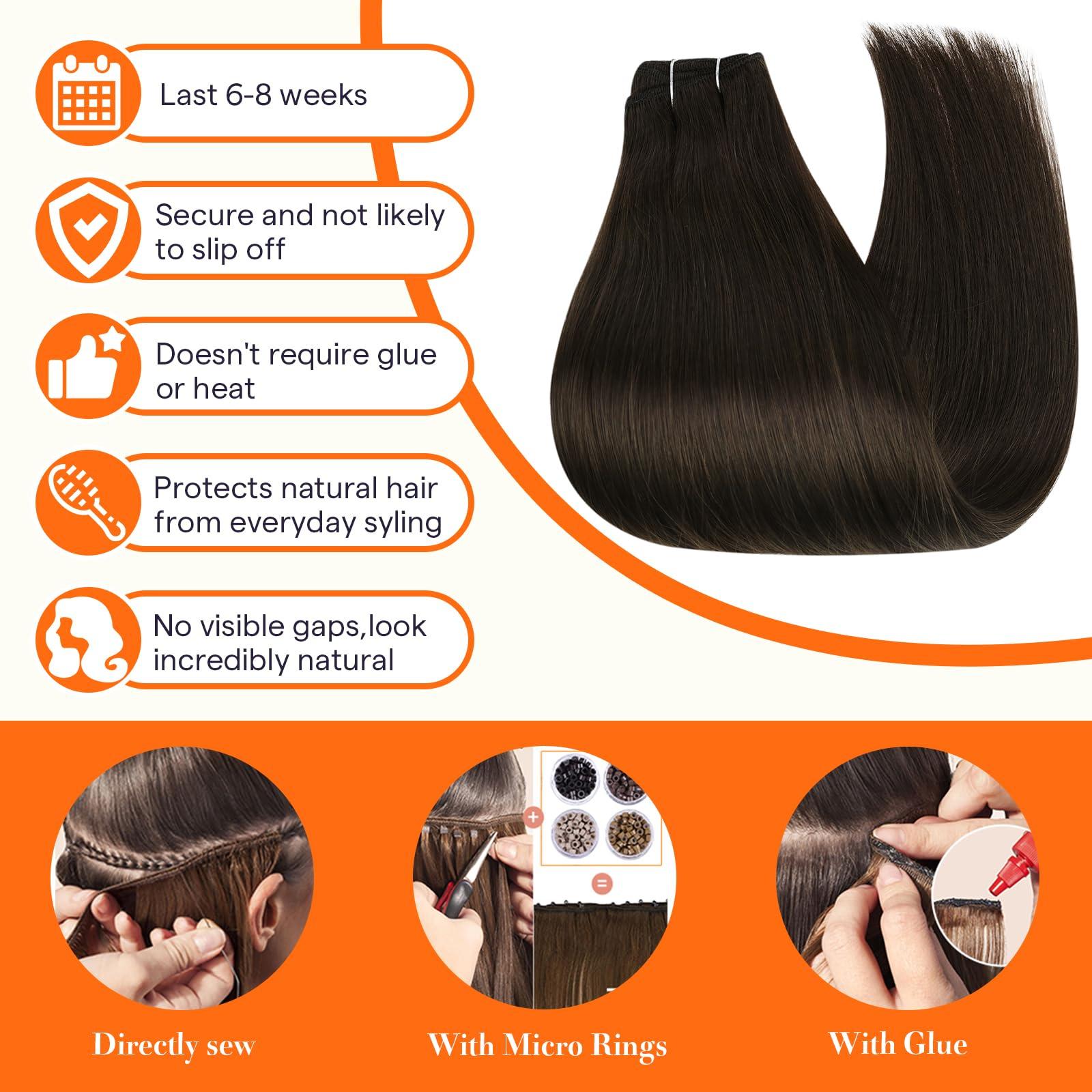 Full Shine Full Shine Weft Hair Extensions Human Hair Color Dark Brown Hair Extensions Remy Straight Hair Weft Extensions Sew In Human Hair For Women Invisible Hair Weft For Women 50G 10 Inch