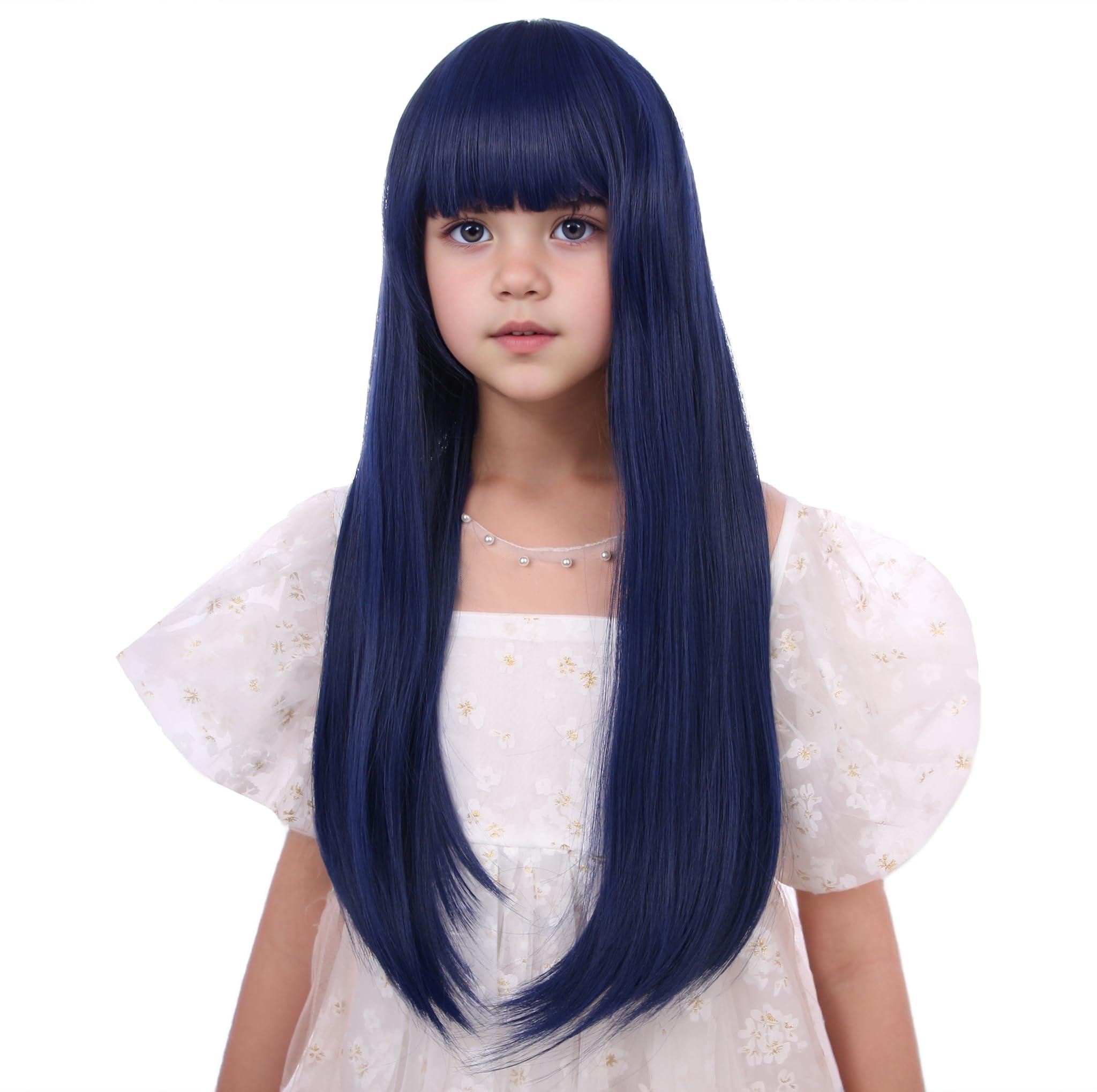 Edivd Edivd Dark Blue Wig for Kids Long Navy Blue Wig with Air Bangs for Girls Child Long Blue Straight Wig Heat Resistant Synthetic Wig with Wig Cap