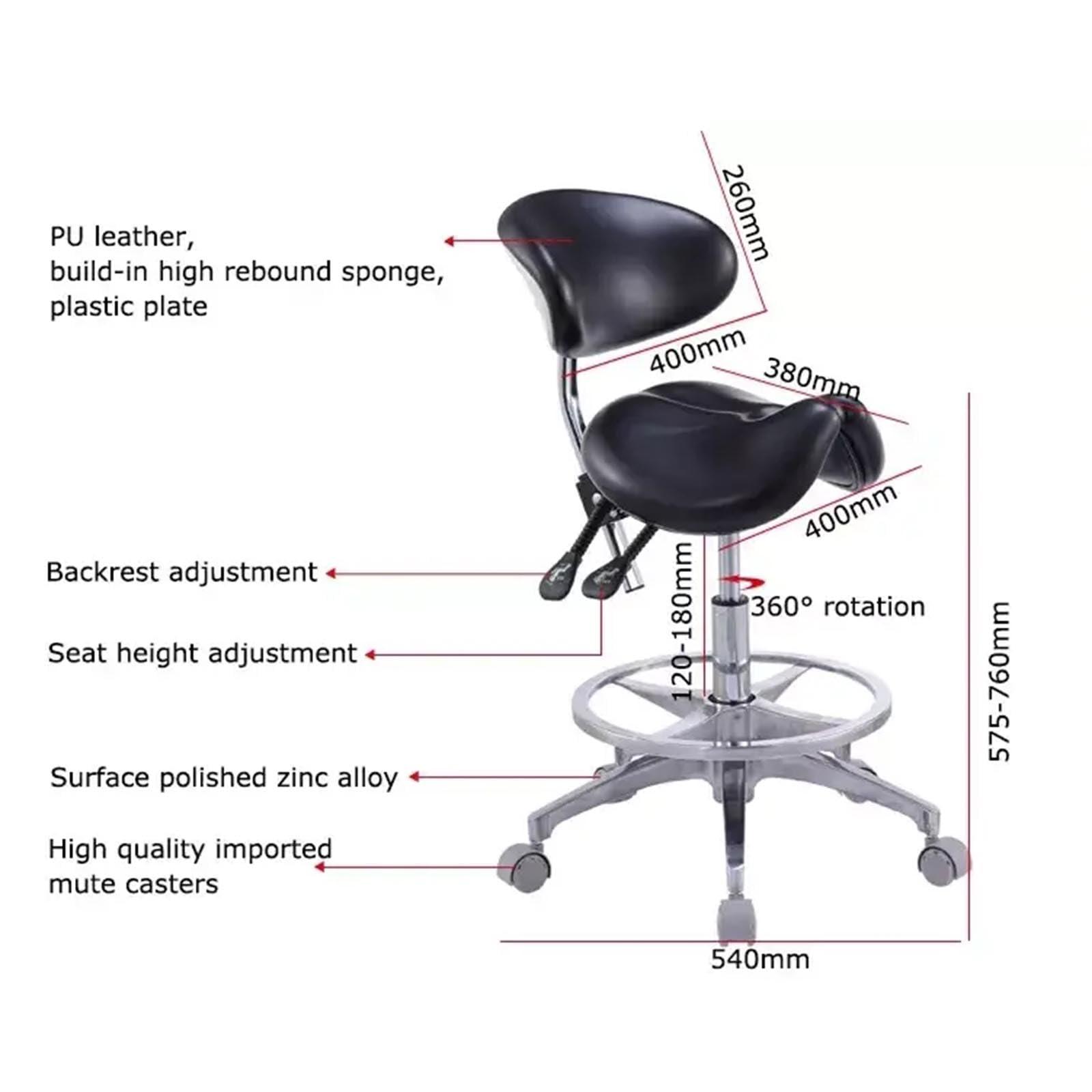 SFKLYU SFKLYU Saddle Chair Dental Stool Ergonomic Saddle Stool with Back Support Adjustable Stool Swivel Rolling Saddle Stool Salon Chair,C