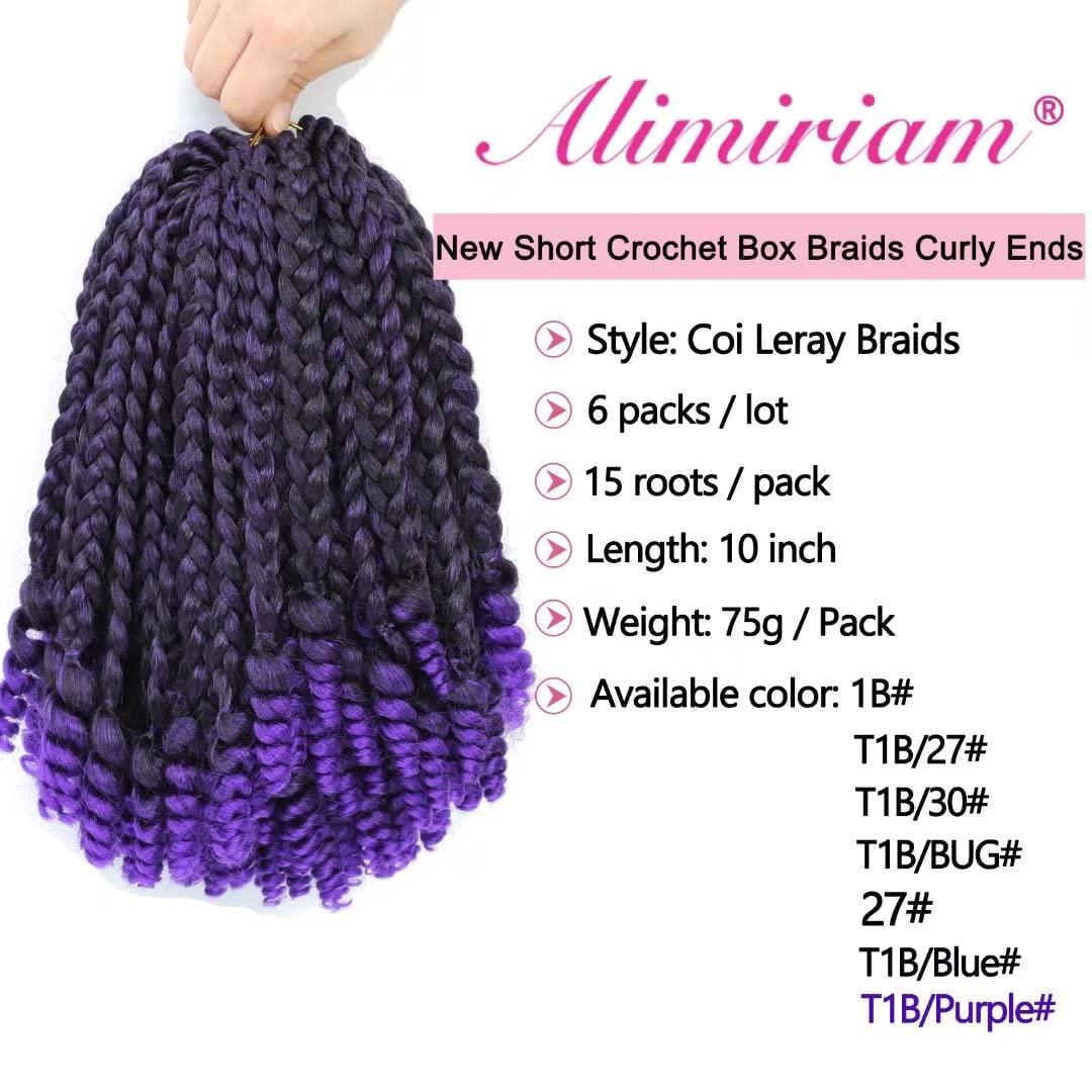 Alimiriam Purple Crochet Box Braids Curly Ends 10 inch 6 Packs Short Bob Box Braid Crochet Hair with Curly End Jumbo Crochet Braids Hair for KidsBlack Women(T1B/Purple#, 10\" 6 Packs)
