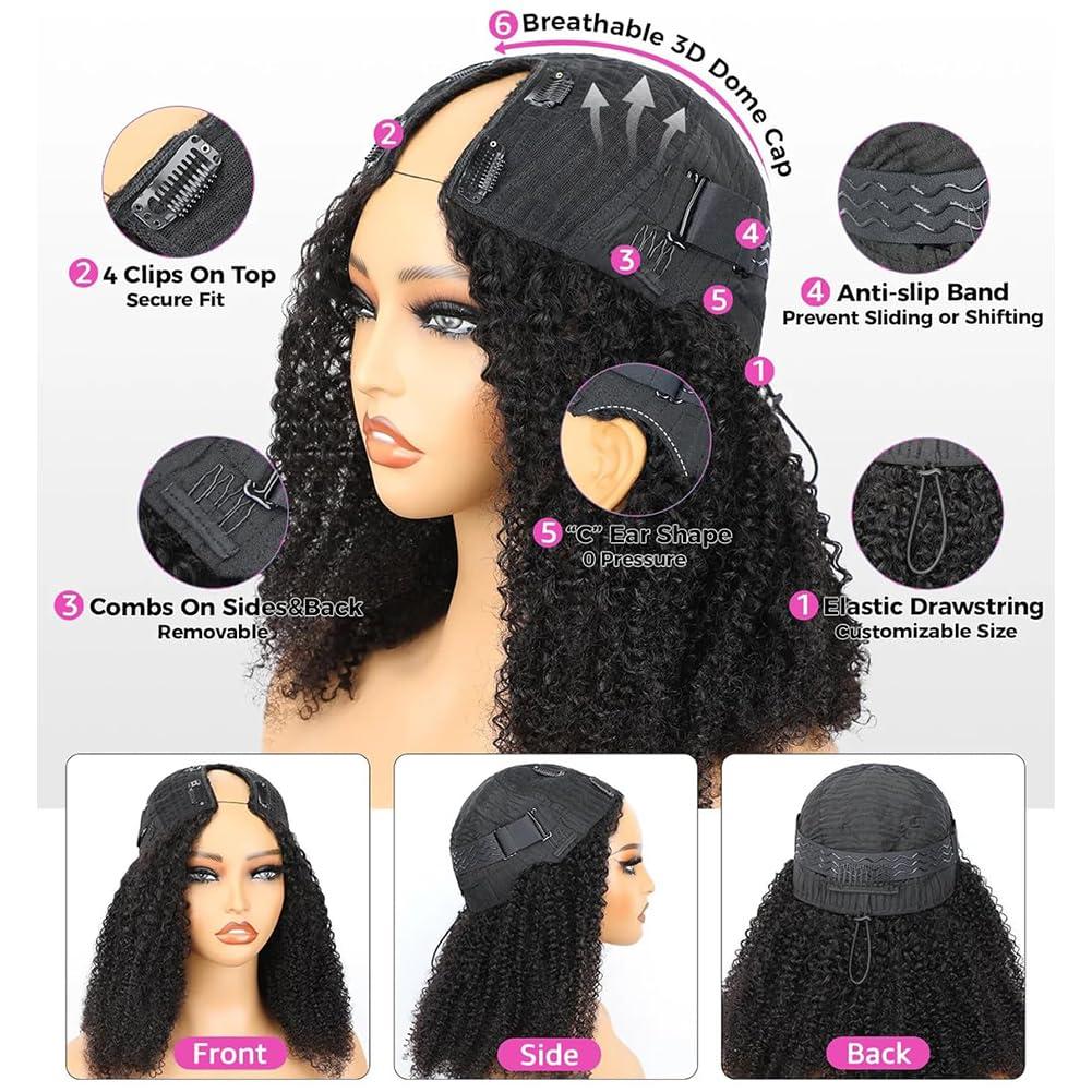 Lealife 18 Inch V Part Wig Human Hair Curly,V Part KinkyCurly Wig for Women,Glueless No Leave Out No Sew in Upgrade U Part Full Head Clip in Natural Black 12A Human Hair 200% Density