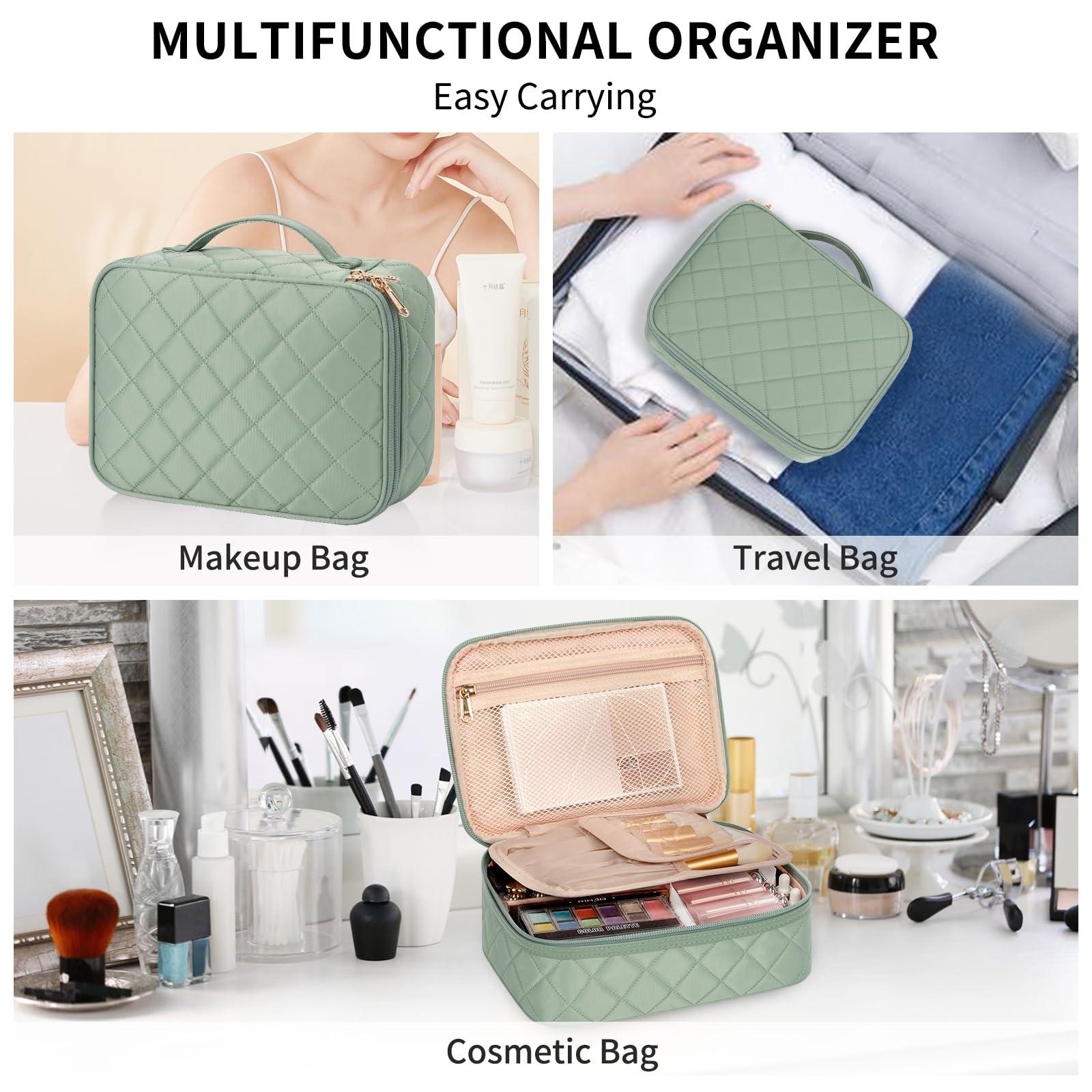 OCHEAL Makeup Bag, Potable Make up Bag Cute Makeup Organizer Bag for Toiletry Cosmetics Accessories with Divider and Brushes Compartments, Makeup Travel Case Cosmetic Bags Women and Girls- Nylon Green