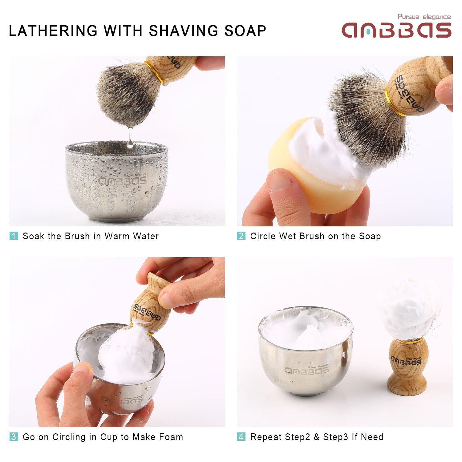 Anbbas Shaving Set, Anbbas 4in1 Pure Badger Hair Shaving Brush Solid Manchurian Ash Wood Handle,Black Broken-Resistant Acrylic Shaving Stand,Stainless Steel Shaving Bowl Dia 3.2 inch and Goat Milk Soap 100g