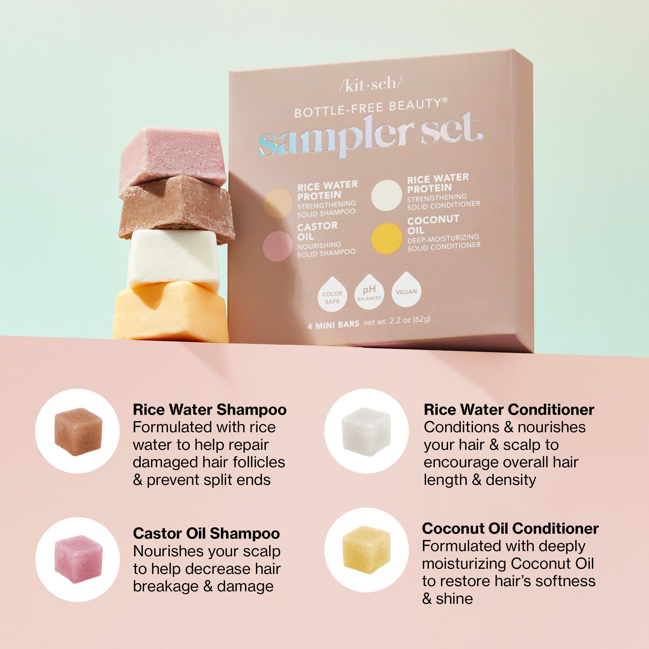 Kitsch Kitsch 4pc Sampler Solid Shampoo and Conditioner Set - Rice Bar & Castor Oil Shampoo and Rice Bar & Coconut Oil Deep-Moisturizing Hair Conditioner, Zero Waste - Valentines Gift