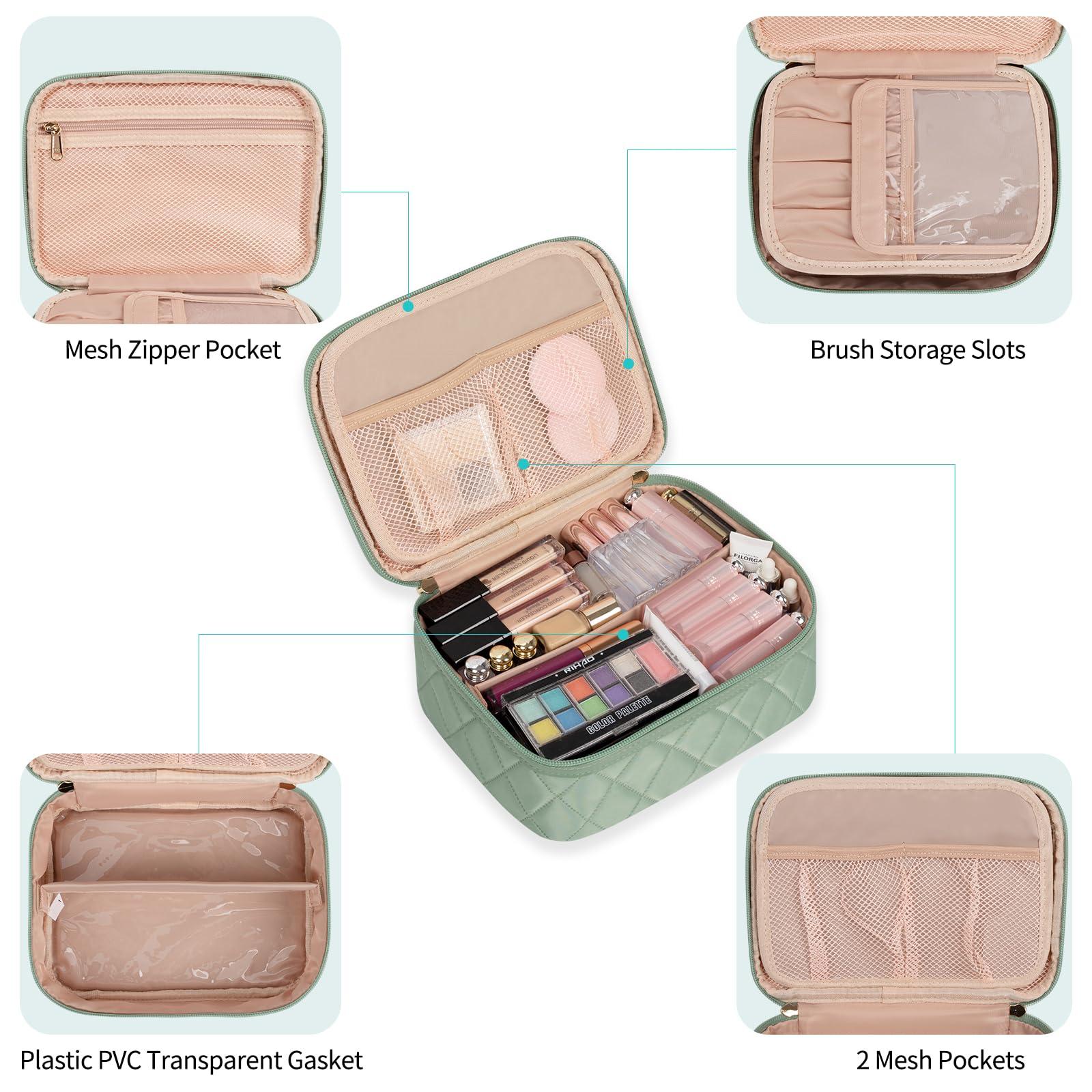OCHEAL Makeup Bag, Potable Make up Bag Cute Makeup Organizer Bag for Toiletry Cosmetics Accessories with Divider and Brushes Compartments, Makeup Travel Case Cosmetic Bags Women and Girls- Nylon Green