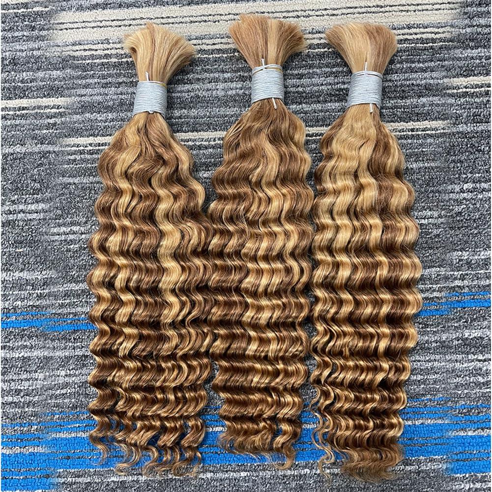 Kiss darling LASHES Micro Braiding Hair Deep Wave Bulk Human Hair for Braiding 14Inch No Weft 100g 100% Raw Human Hair Extensions Bulk Curly Human Hair for Boho Braids # 27P30 Highlight