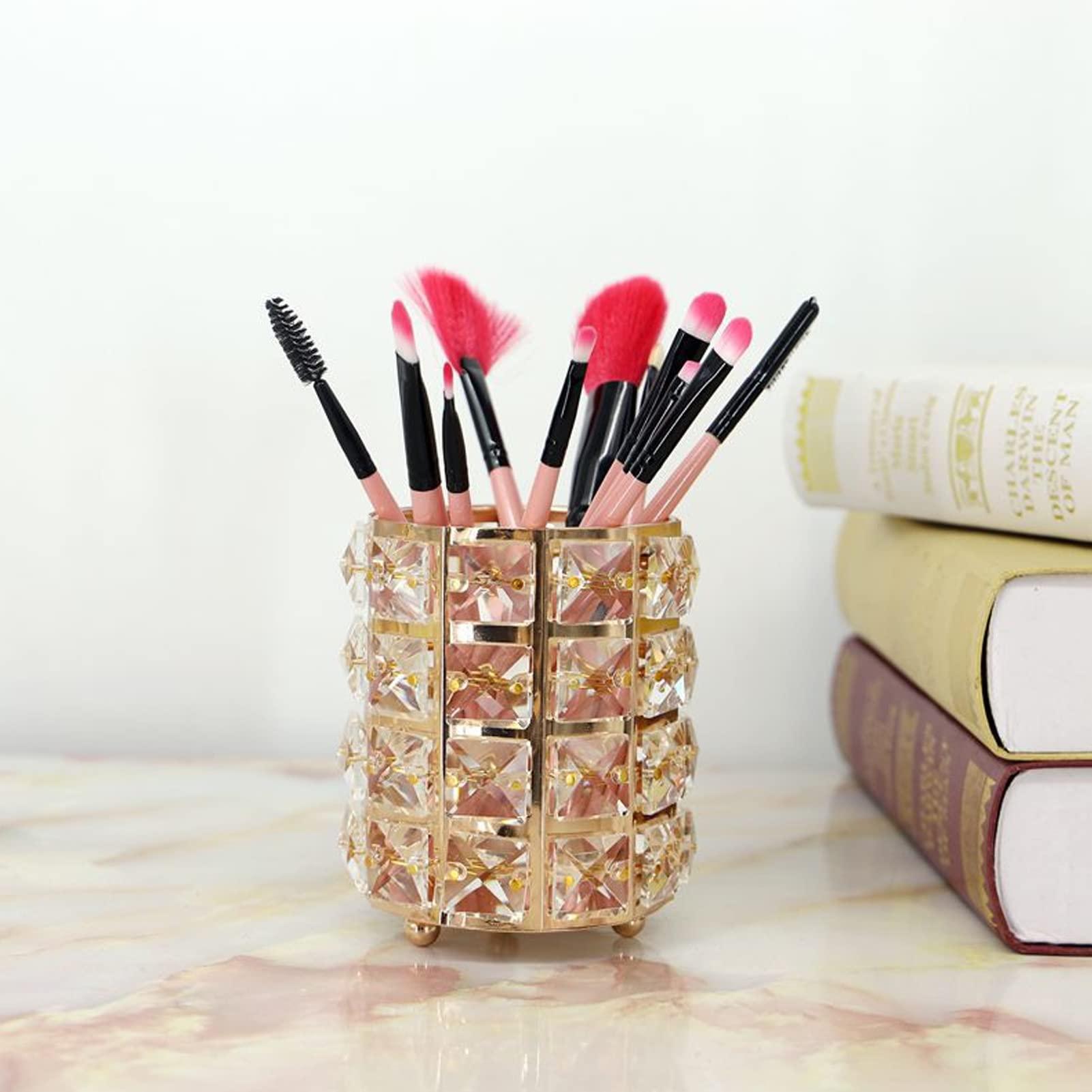 CHEOTIME CHEOTIME Makeup Brush Holder Organizer Golden Crystal Bling Personalized Gold Comb Brushes Pen Pencil Storage Box Container (Gold)