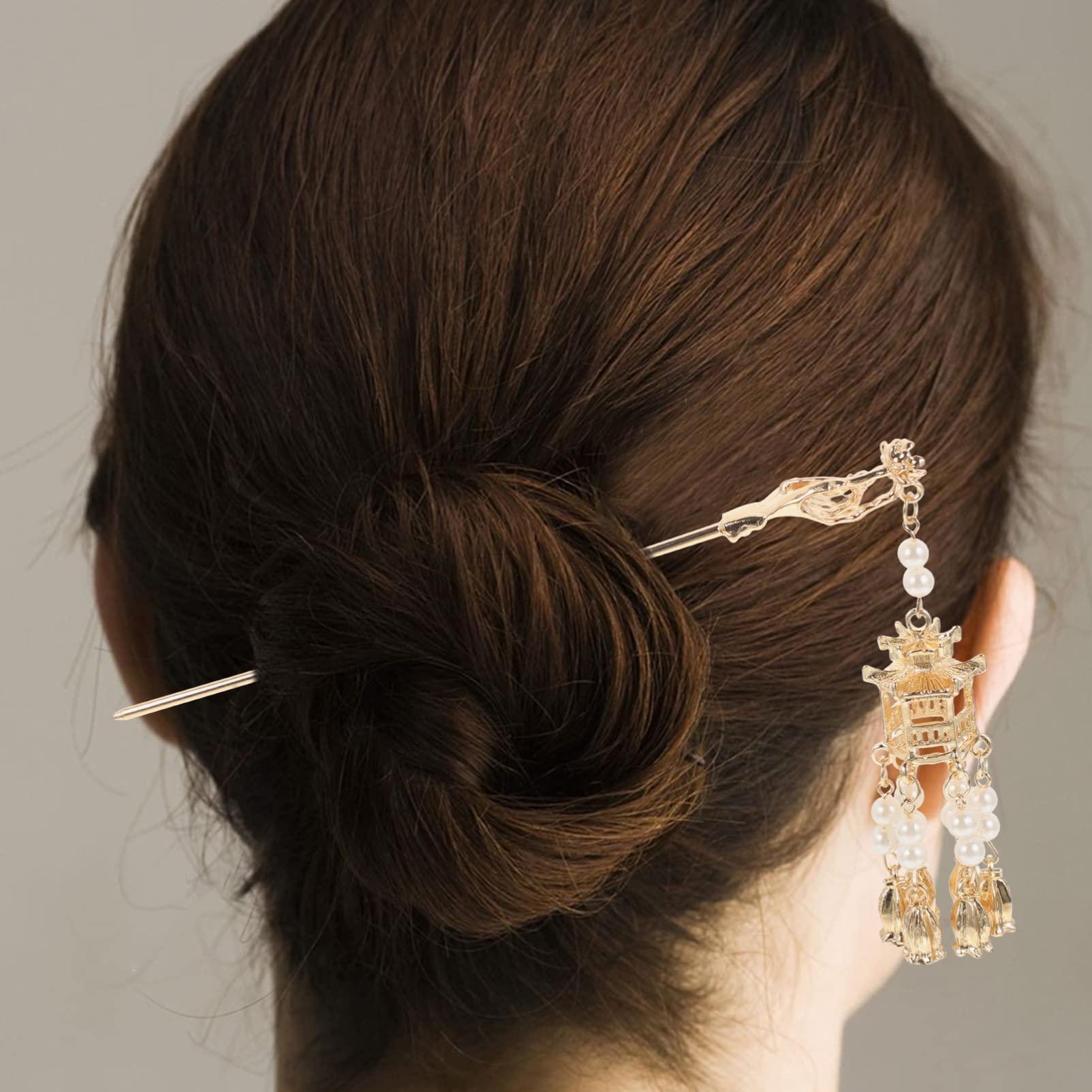 KALLORY Tassel Hairpin, Pearl Hair Stick Retro Hair Bun Pin Pendant Pearls Tassel Hair Chopstick