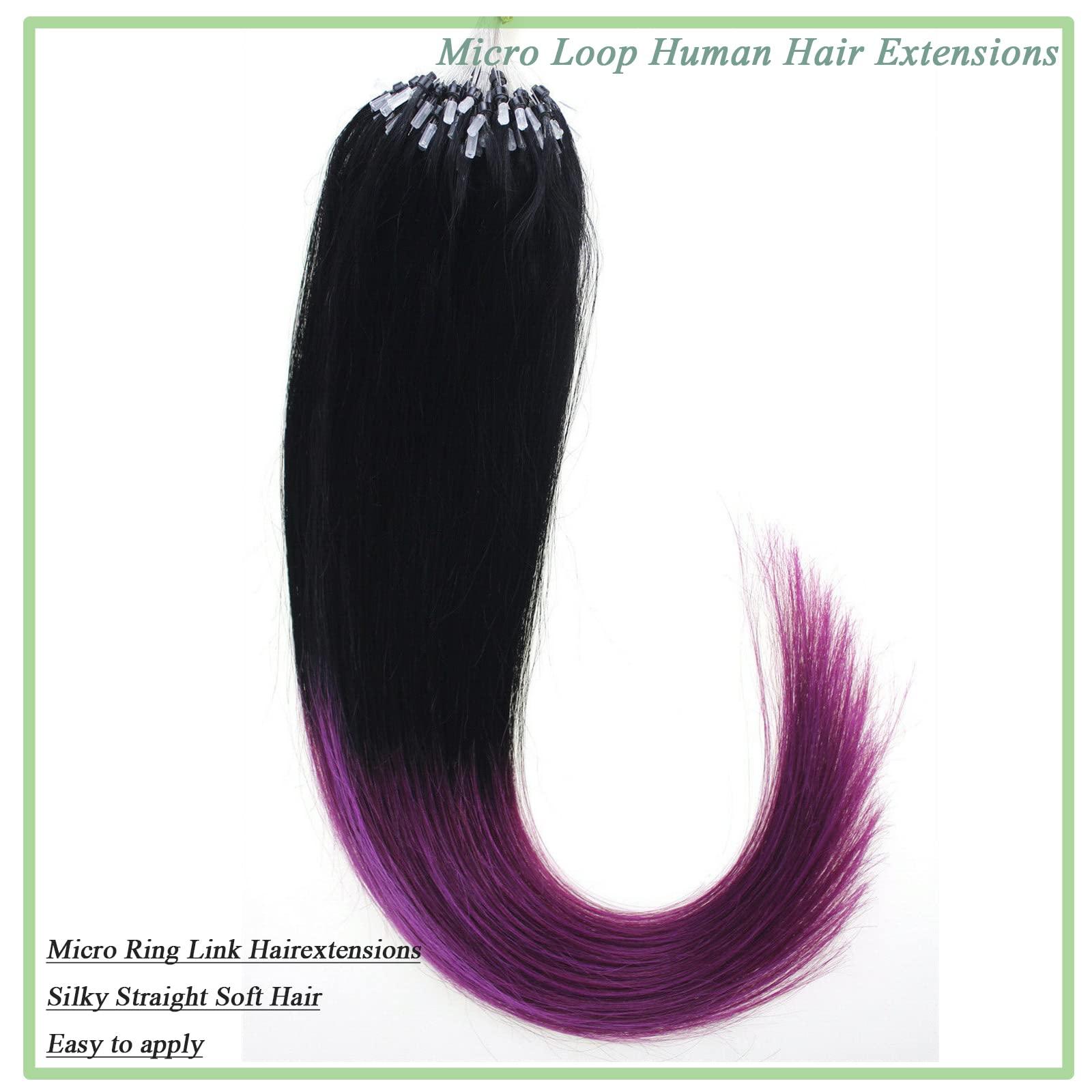 Yotty Yotty Micro Loop Human Hair Extensions Microbeads Link Premium Remy Hair Ombre Black to Purple 20inch 100strands 50gr