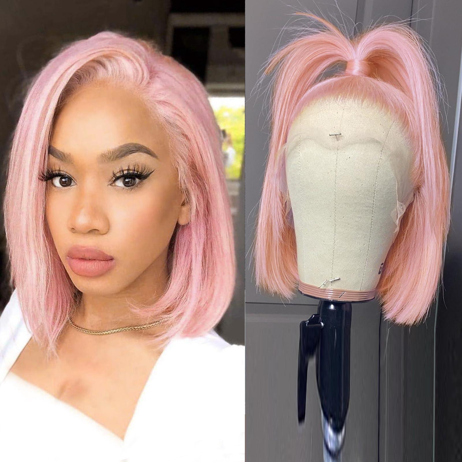 MSIVY Pink Bob Wig Human Hair Lace Front Wig Human Hair Pink Short Bob Wigs 12inch 180 Density 13x4 Lace Frontal Pre Plucked With Baby Hair Wigs for Women