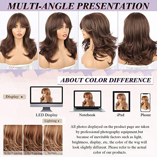 LEOSA LEOSA Dark Brown Wig with Curtain Bangs Layered Wig for Women Brown Hair Wig Shoulder-Length Wavy Wig Long Dark Brown Synthetic Wigs with Bangs for White Women Medium Brown Wig for Daily Party Use