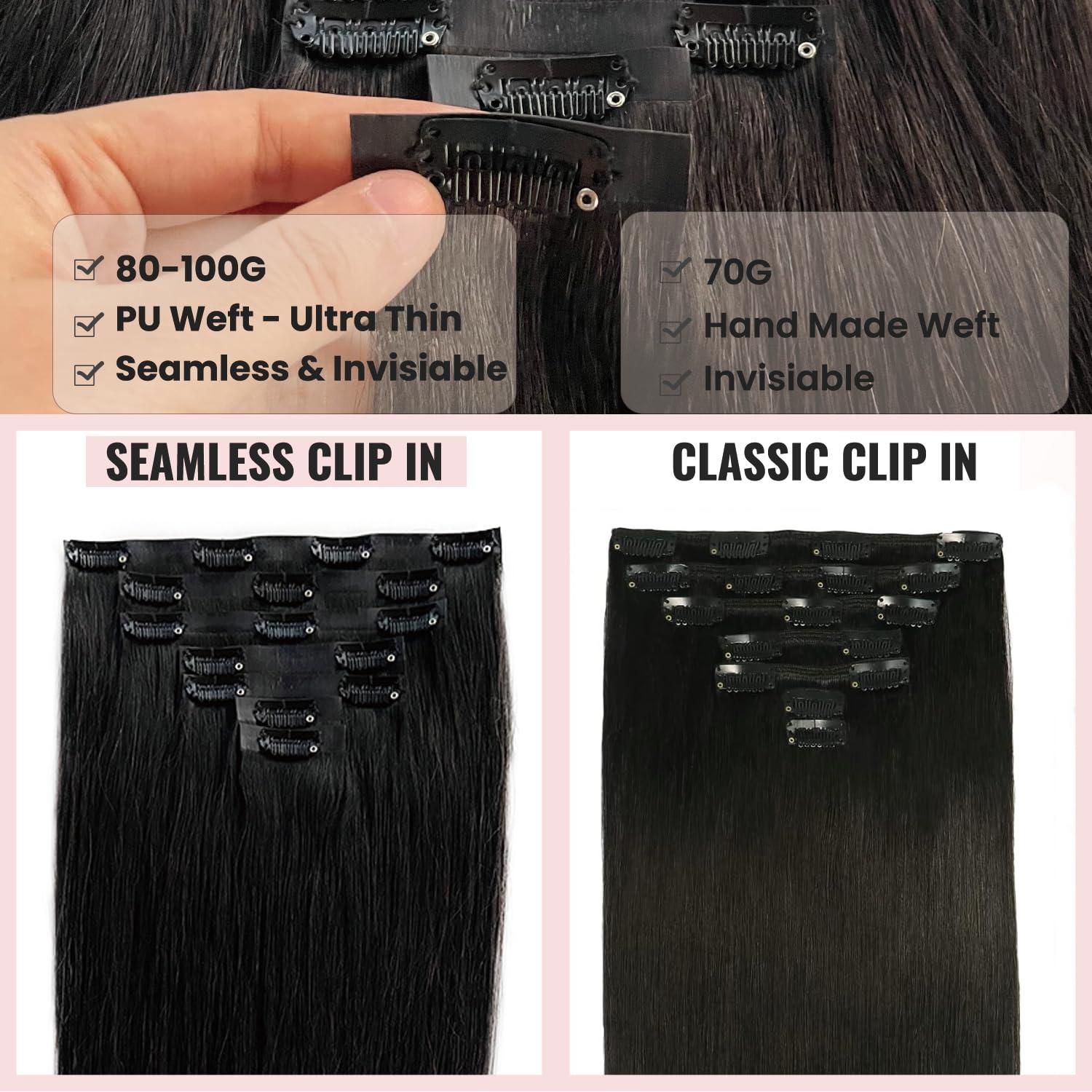 Valiilo Clip in Hair Extensions Black Hair Extensions Real Human Hair 7 Pieces Seamless Clip in Hair Extensions Thick Human Hair 100G Invisible PU Skin Weft Hair Extensions Clip ins 14 Inch