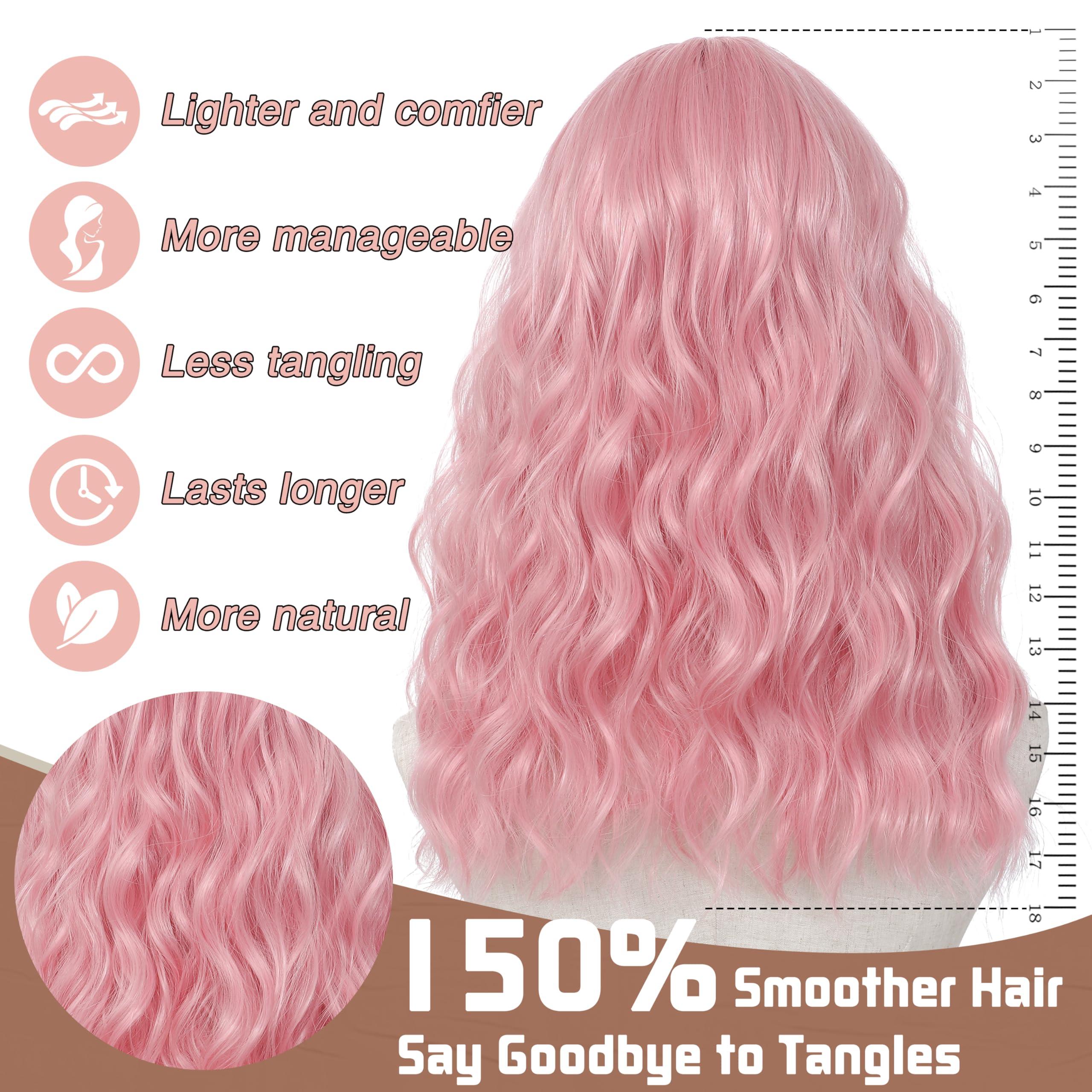 BUPPLER BUPPLER Pink Wig 18 Inch Medium Length Wigs for Women Middle Part Synthetic Hair Wavy Wig with Upgraded Strands,Natural Hair Wig for Daily Party/Halloween Use 18Inch,Pink