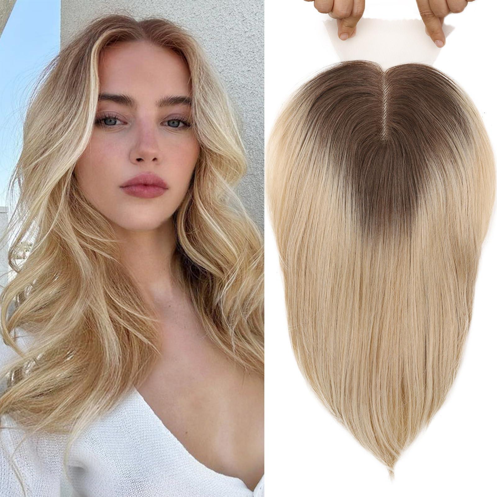 WIGNEE WIGNEE 14 Inches Ombre Blonde Hair Toppers Swiss Lace Hair Topper with Curtain Bangs Toppers Hair Pieces for Women Kanekalon Hair Toppers for Thinning Hair Natural Looking Hair Toppers for Women