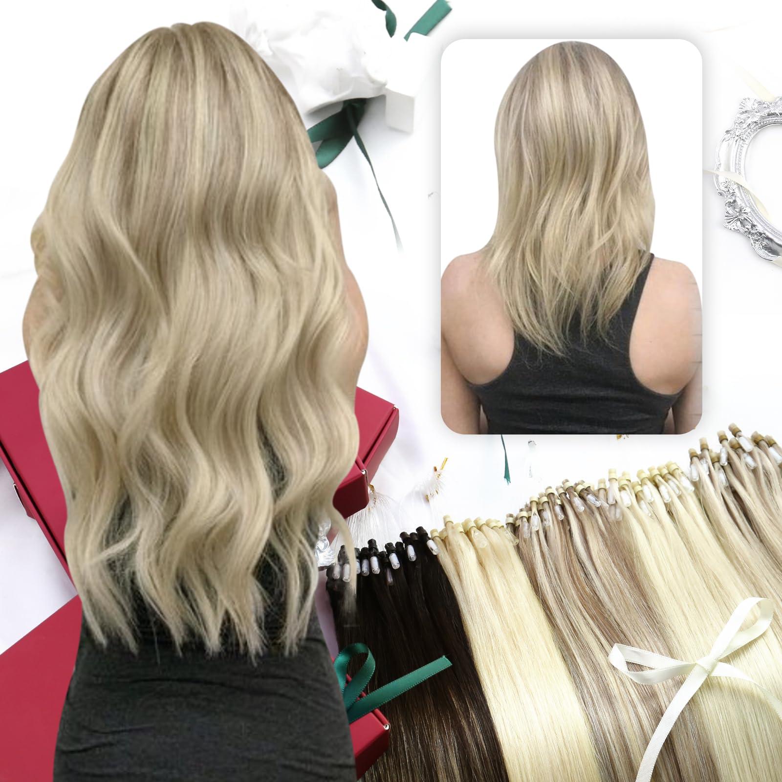 Moresoo Moresoo Micro Bead Hair Extensions Real Human Hair Ash Blonde Highlight Bleach Blonde Micro Link Hair Extensions Human Hair Blonde 16 Inch Micro Loop Hair Extensions Human Hair 50G/50S