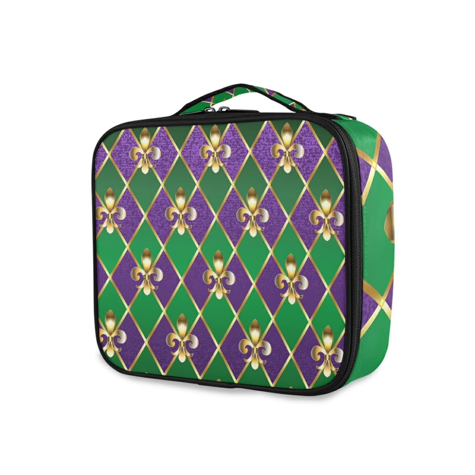 Poeticcity Mardi Gras Gold Fleur De Lis on Purple and Green Rhombus Large Women Makeup Bag, Train Toiletry Storage Case, Portable Coin Purse Holder Zipper Pouch Travel Cosmetic Organizer for Women and Girls