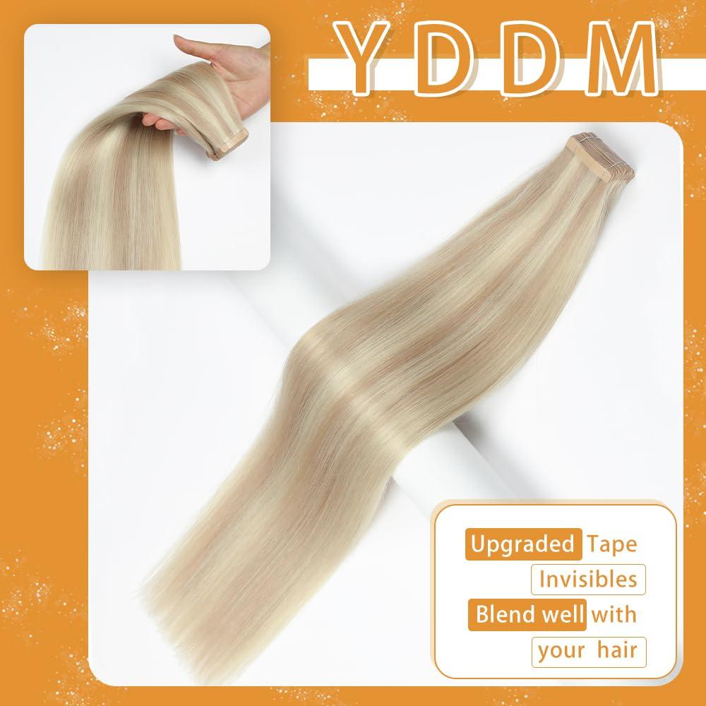 YDDM Tape in Hair Extensions Human Hair, 20pcs 24 Inch Remy Human Hair Tape in Extensions Straight Tape Ins Seamless Tape in Hair Extensions Ash Blonde Highlighted Platinum Blonde(P18K/60#, 24 Inch)