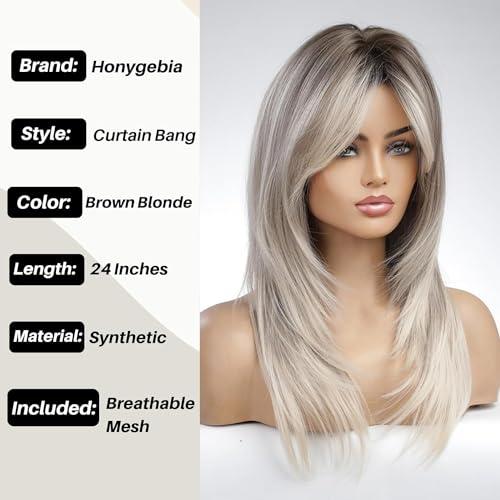 Honygebia Honygebia Brown Blonde Wig with Bangs - Long Wavy Ombre Curtain Bang Wigs for Women, Brown to Blonde Light Ash Dark Roots Synthetic Hair, Heat Resistant Natural Cute Wigs for Halloween/Christmas